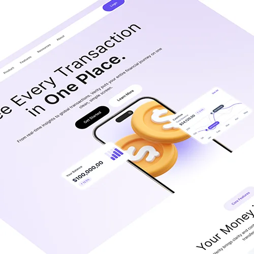 Fintech landing page design for Verity showing mobile banking dashboard with balance, analytics, and transaction insights.