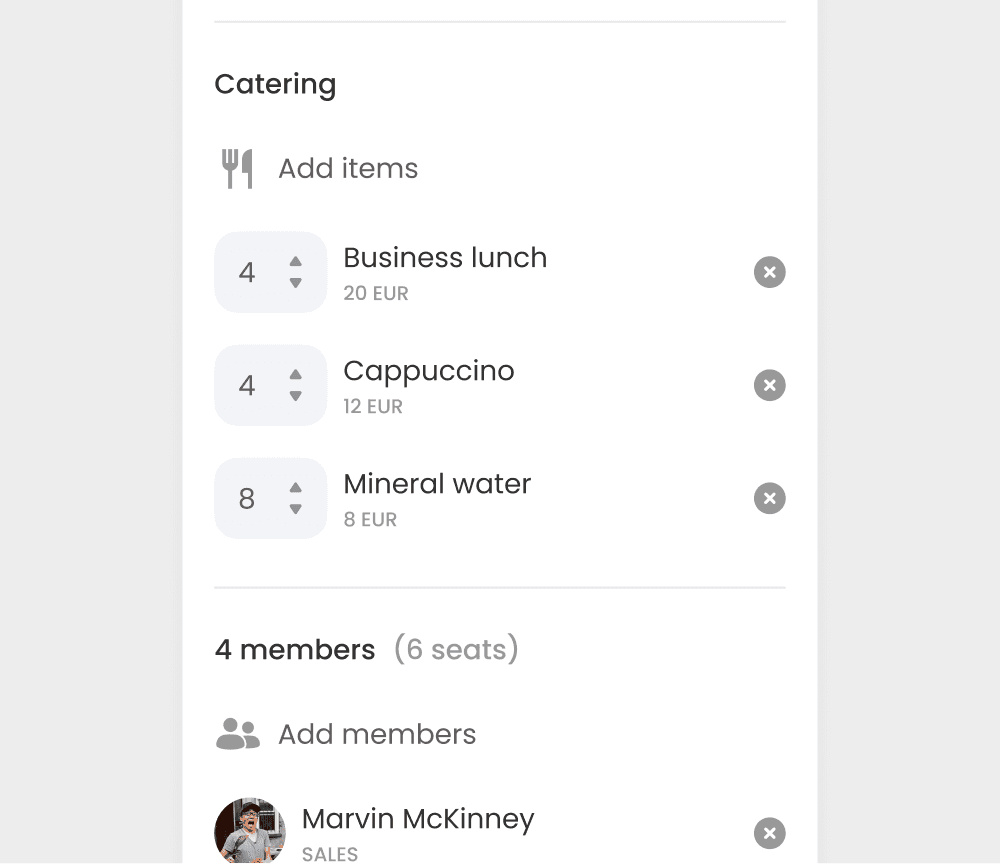 Yoffix room settings screen for adding catering, members, and services to a meeting room booking in the hybrid workplace platform