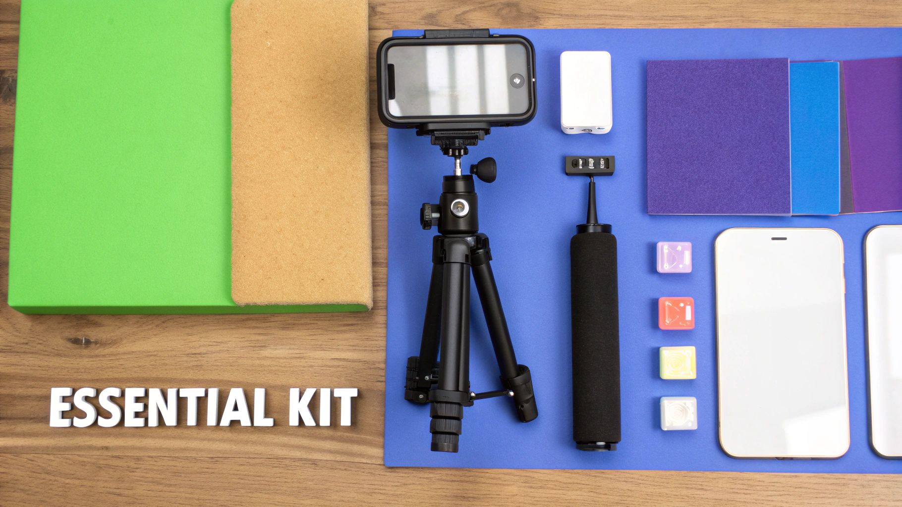 A flat lay photography setup with a camera on a tripod pointing down.
