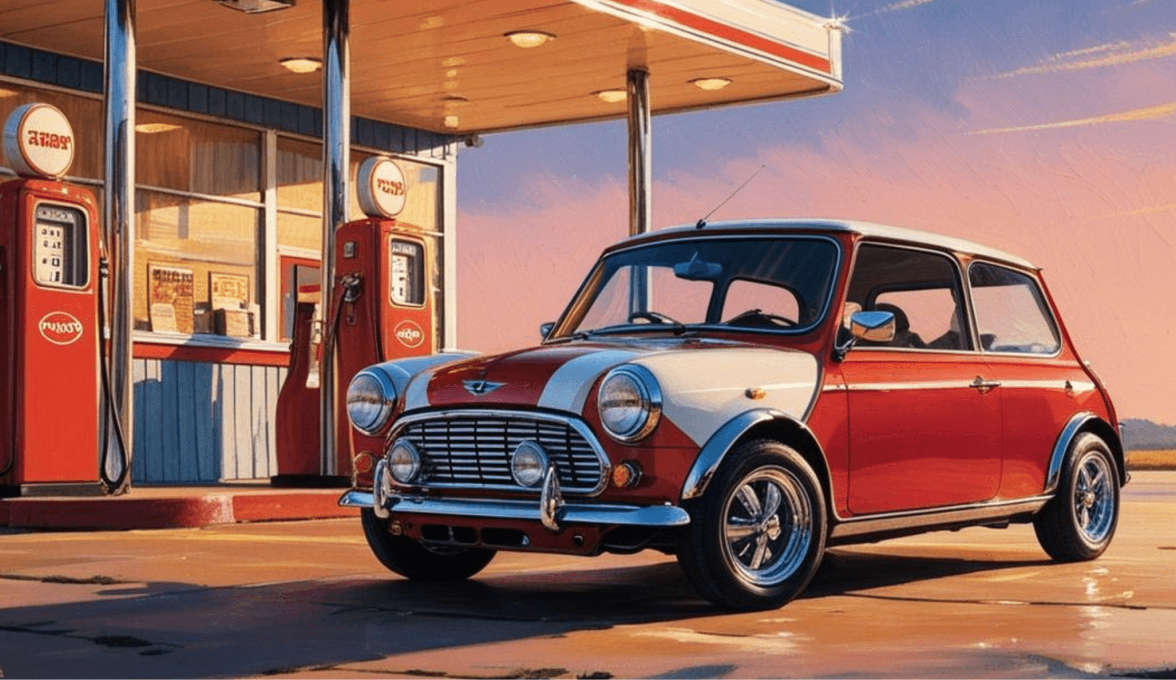 Vintage Mini Cooper in front of vintage service station