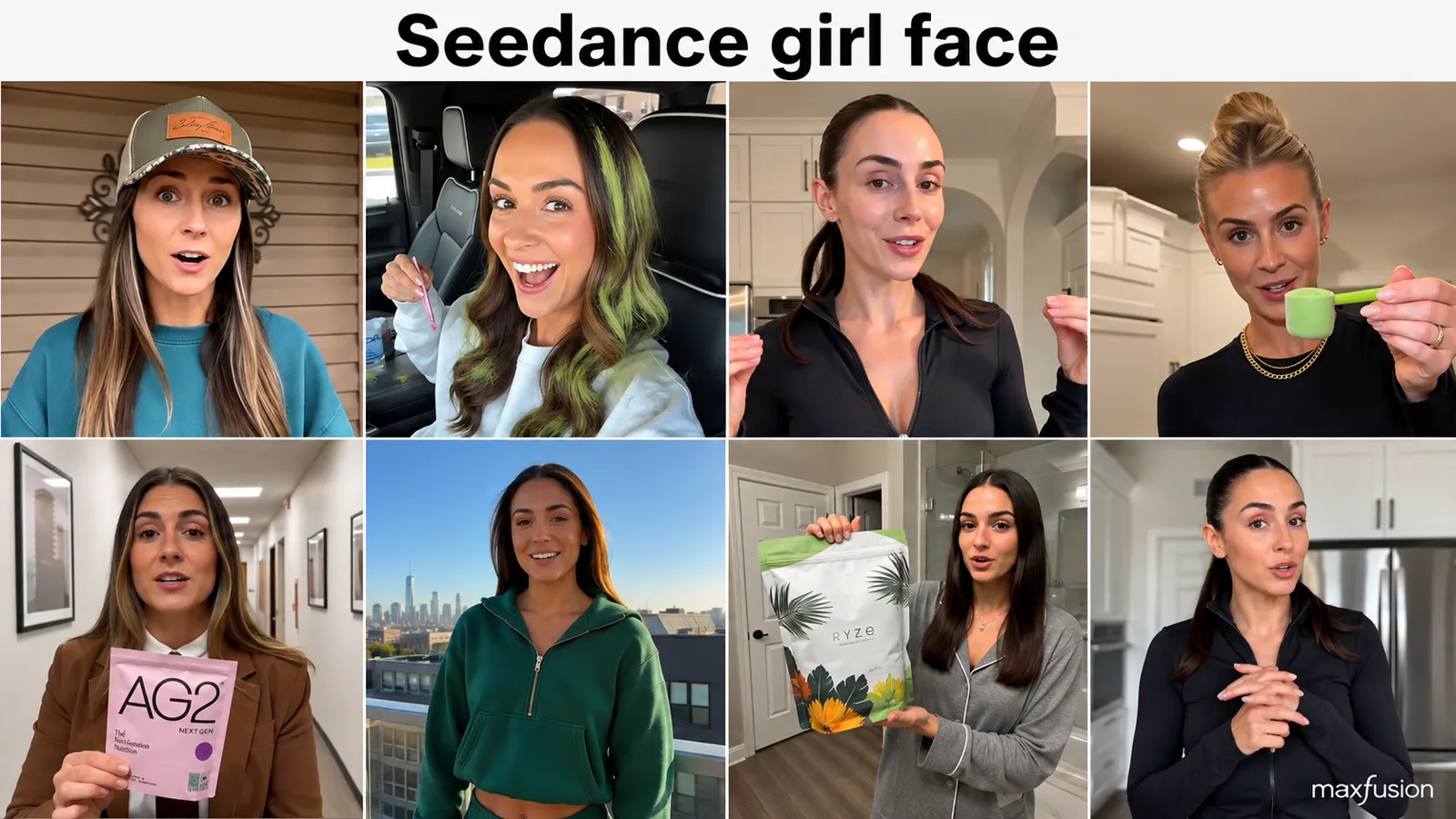 Grid of eight Seedance 2.0 UGC-style generations from different prompts, each showing the same woman's face