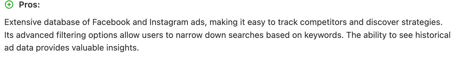 AdSpy pros section describing extensive Facebook and Instagram ad database