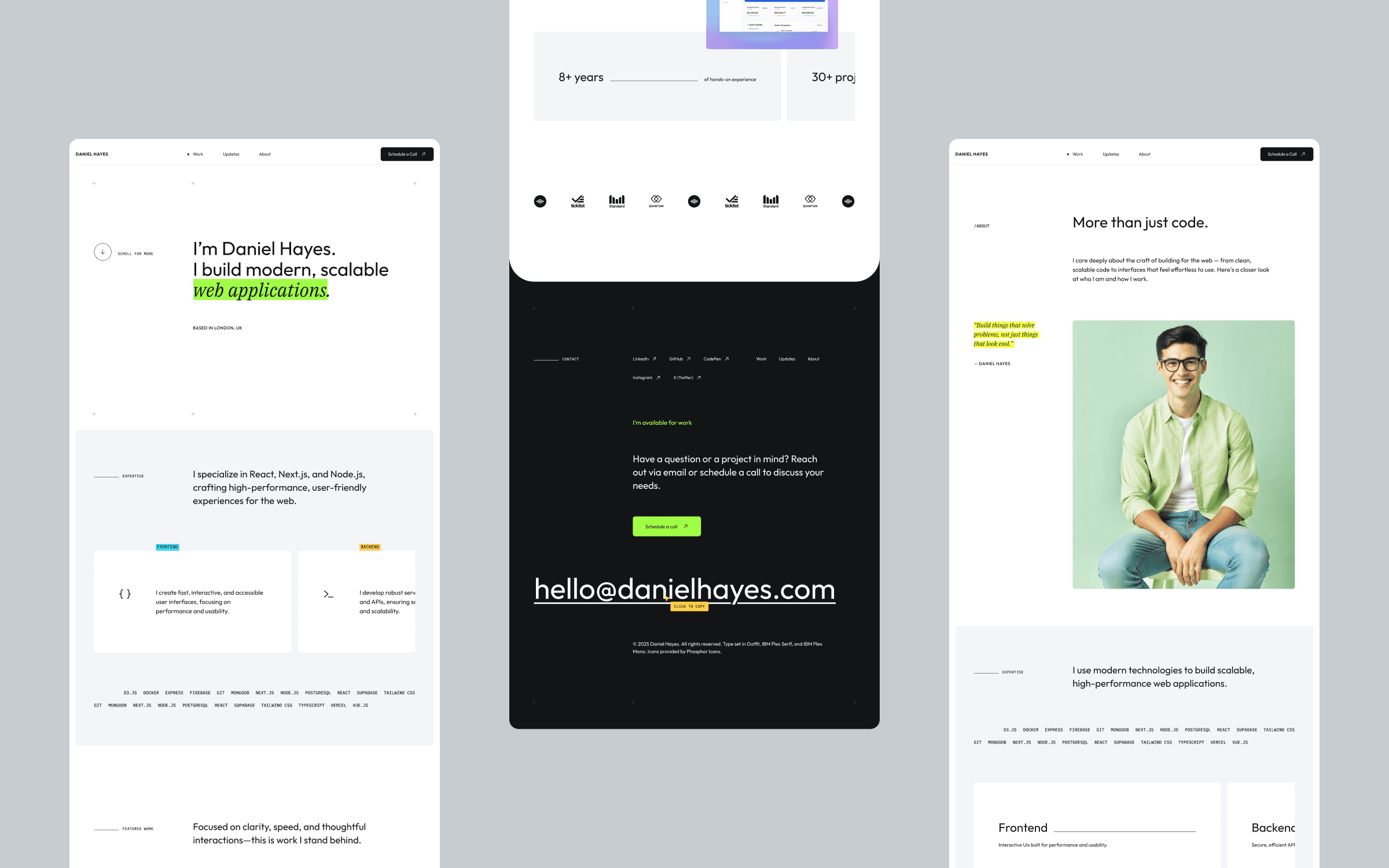 Multi-page preview showing hero, about, and contact sections.