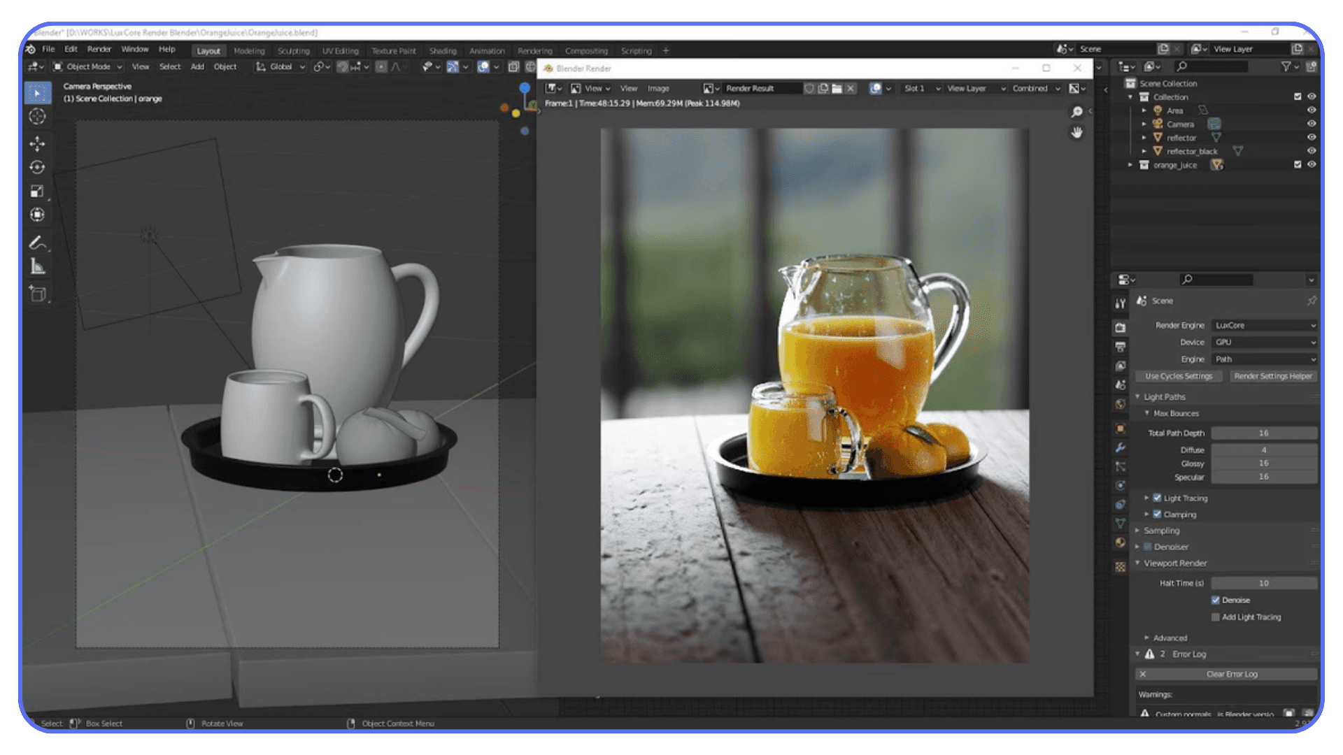 LuxCoreRender Blender scene demonstrating physically accurate lighting and realistic caustics