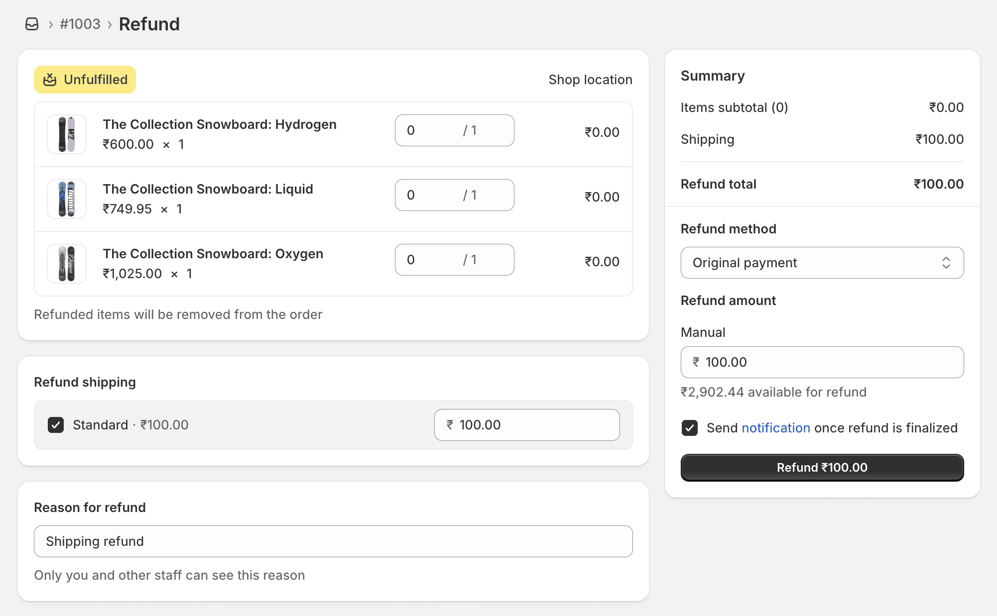 Shopify Order Admin Refund Section