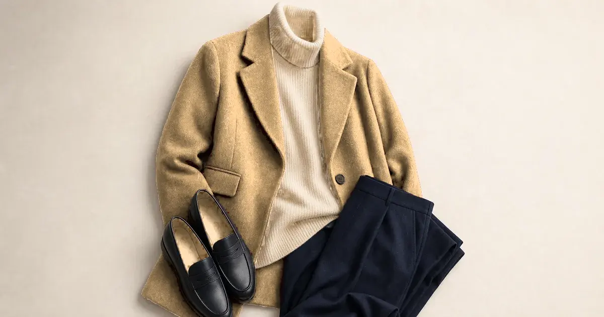 A camel wool coat laid flat with a cream turtleneck, navy tailored trousers, and black leather loafers on a warm ivory background