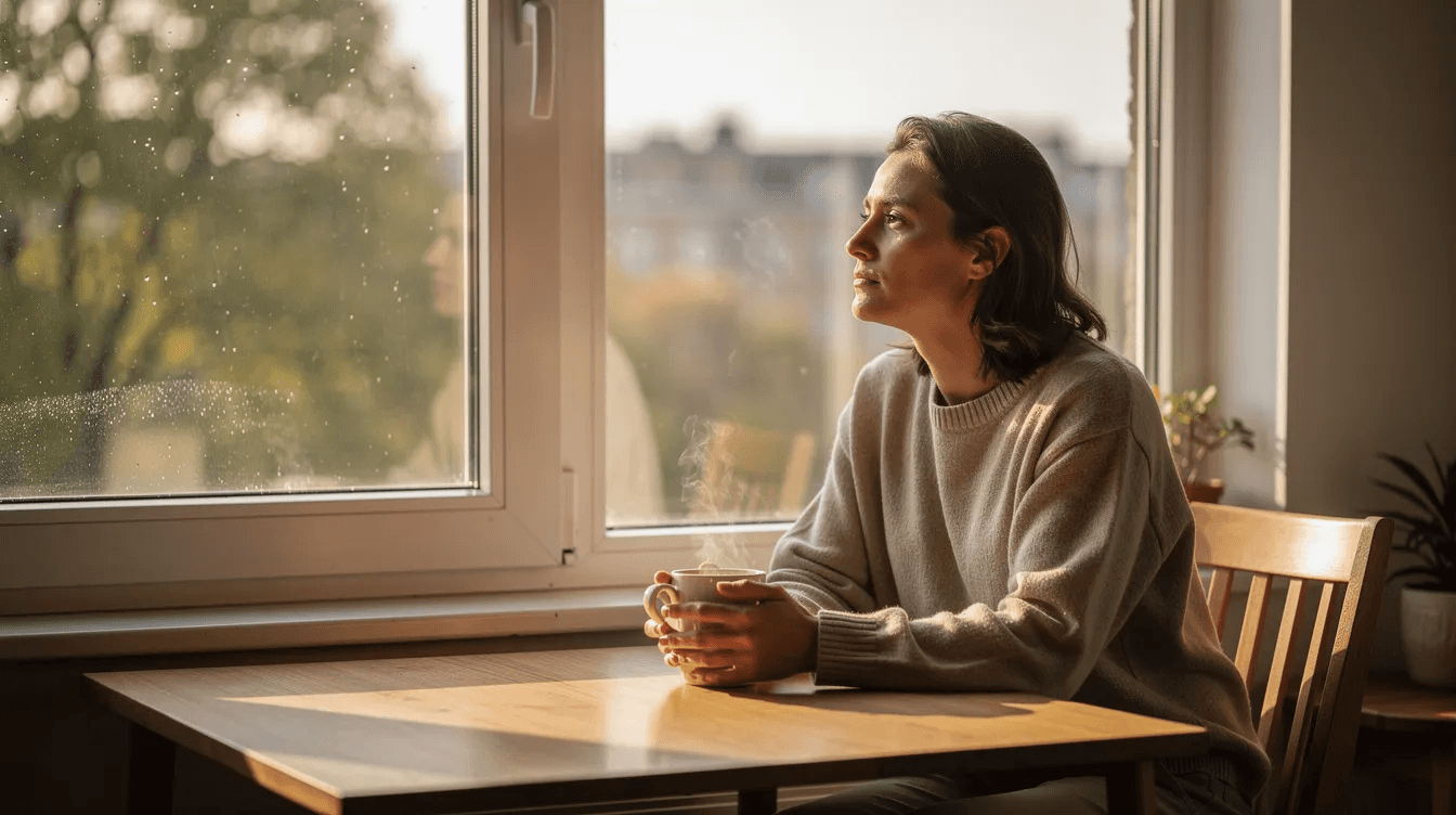 A person sits peacefully by a window, thoughtfully gazing into the distance while holding a cup of coffee, embodying a moment of reflection and focus on their next chapter in life. This serene scene resonates with many entrepreneurs contemplating their business sale and the investment options that lie ahead in their financial planning journey.