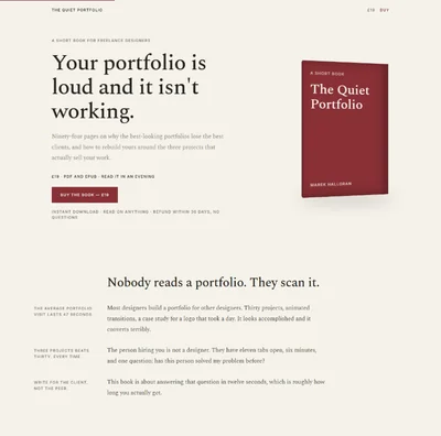 Ebook landing page built with AI showing a 3D book cover beside the headline Your portfolio is loud and it isn't working