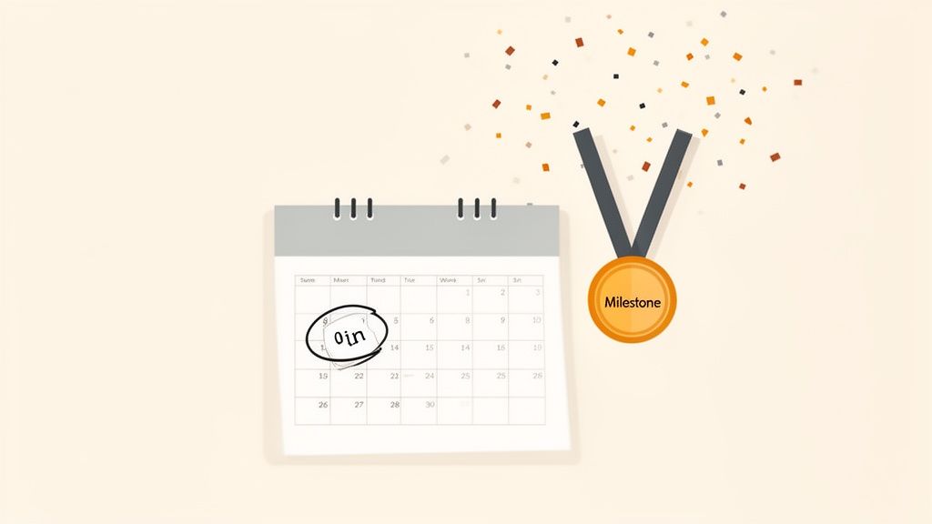 A calendar with a date circled, next to a gold medal with 'Milestone' written on it, surrounded by confetti, symbolizing a celebration of achievement.