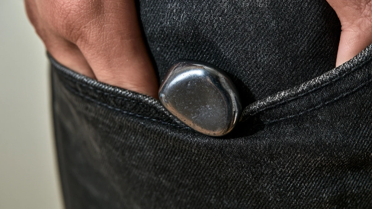 Tumbled hematite stone in front jeans pocket