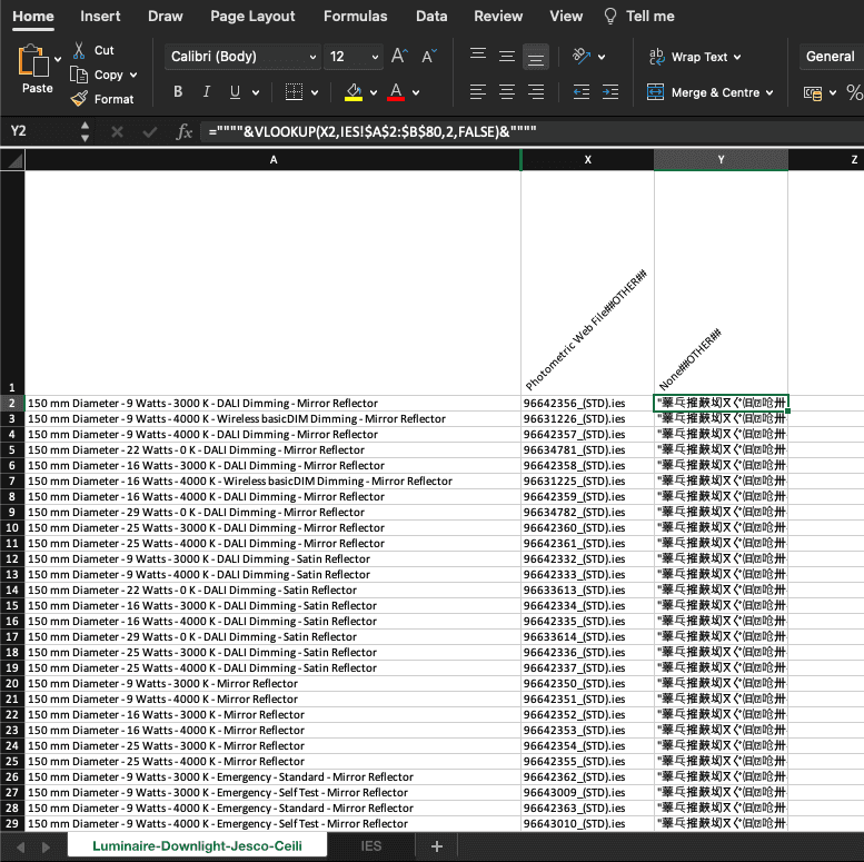 IES data mapped to each family type, using Excel VLOOKUP function.