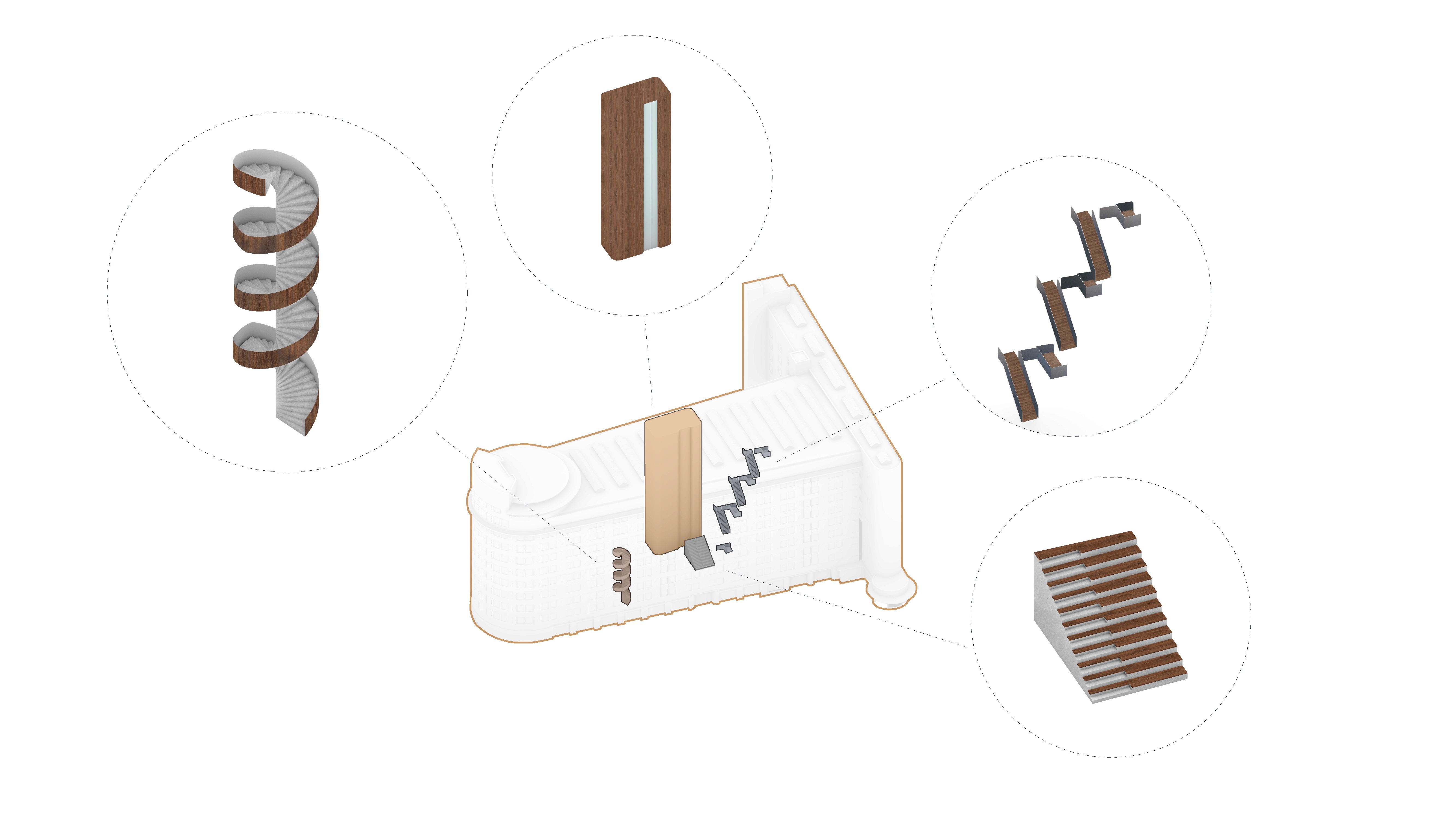 Diagram with locations of the structural design elements with circulation dispersed over the different floors inside the stationspostgebouw