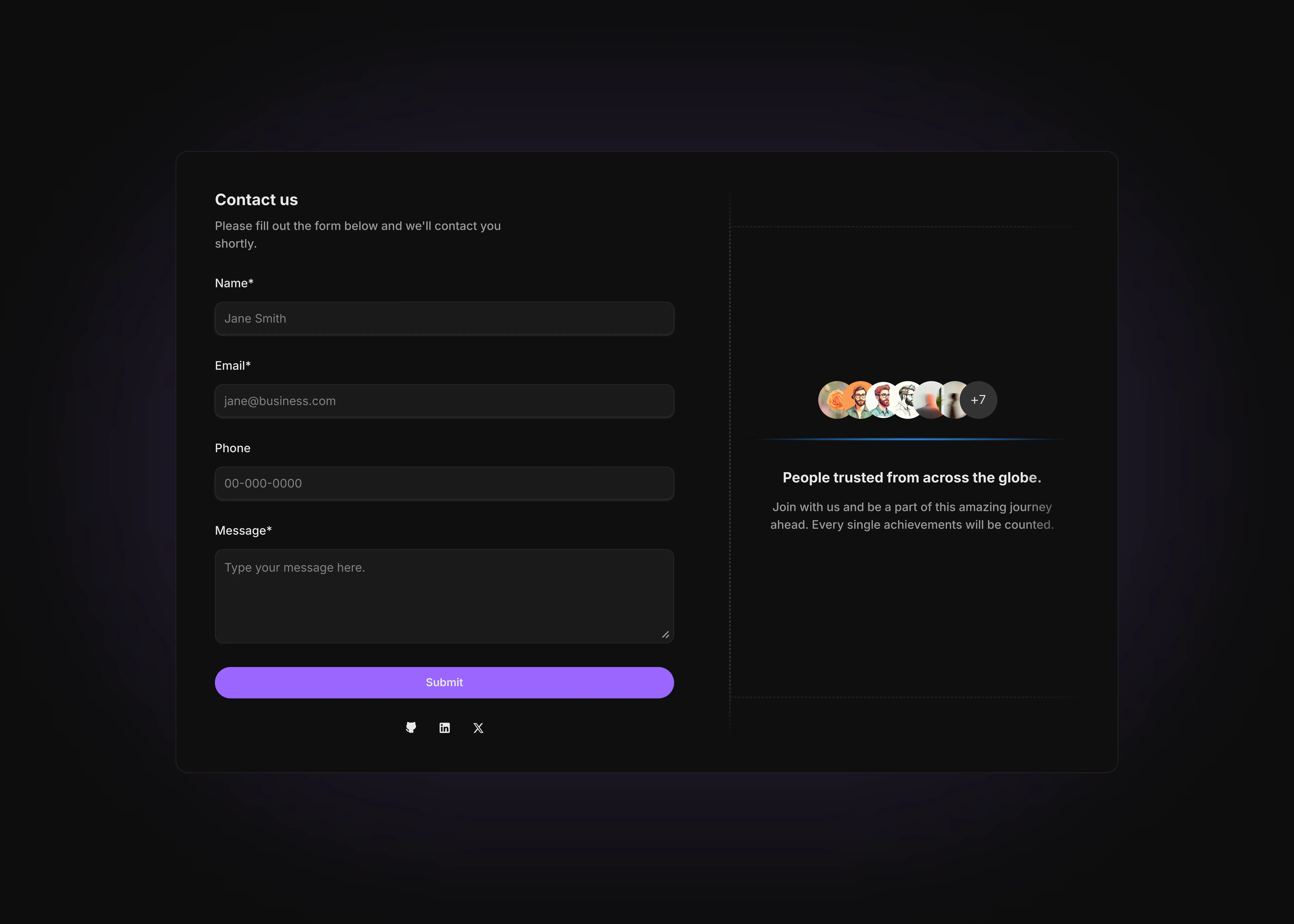 Dark themed 2 colum grid type contact us page section for desktop and tablet screens