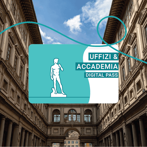 Digital pass for Uffizi & Accademia museums overlaid on an image of a historic building with a blue sky and clouds.