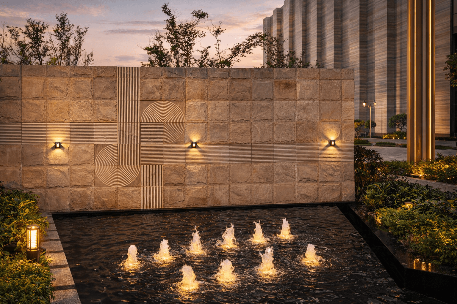 Autumn Grey sandstone wall cladding with integrated fire feature in residential landscape design