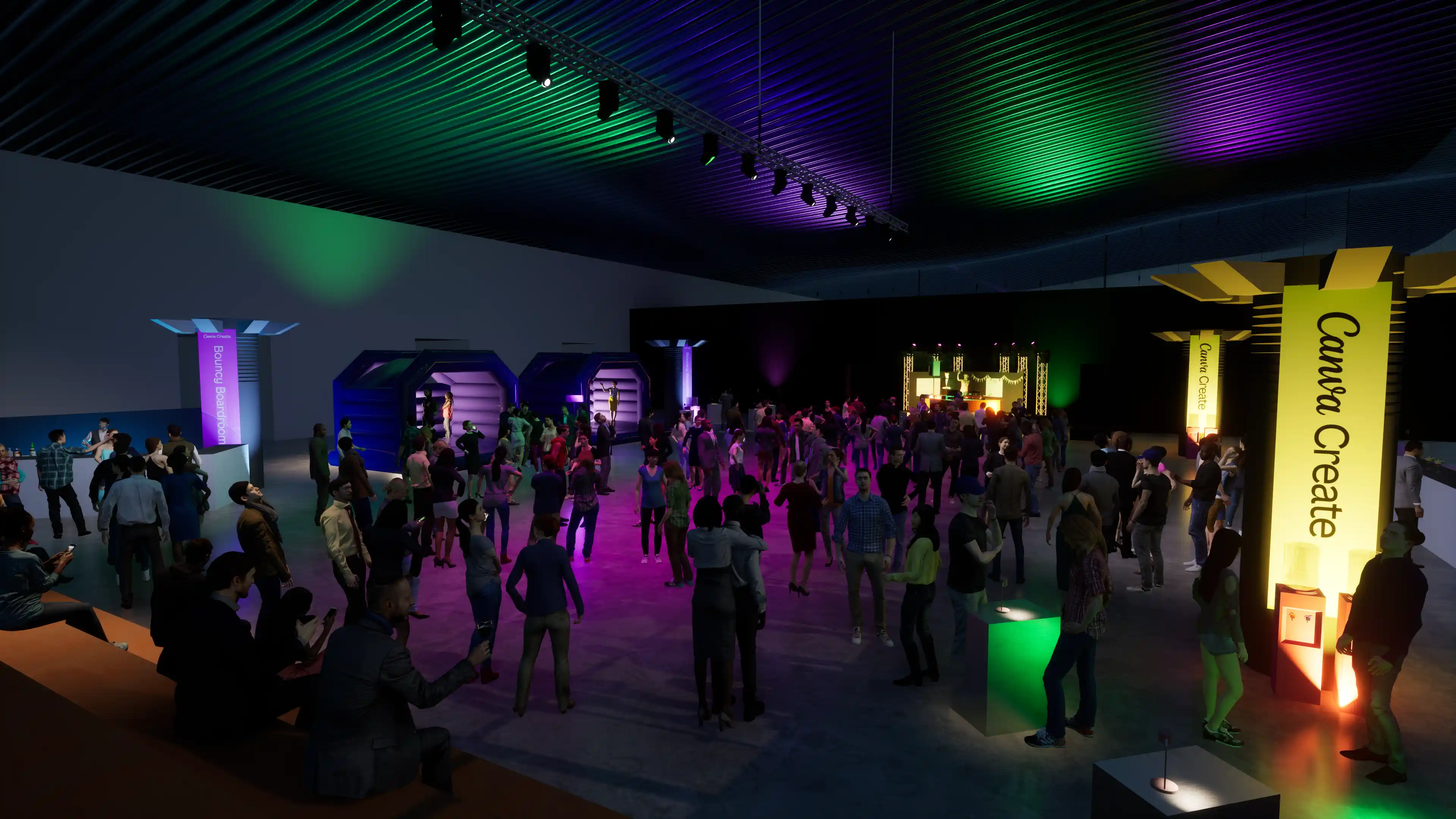 Wide shot of Canva event space with crowd, coloured lighting and multiple interactive activation zones
