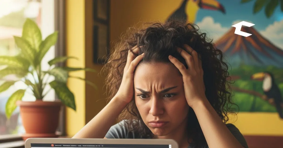 Persona frustrada mirando un sitio web lento y confuso en una laptop, representando un mal diseño web para una PYME en Costa Rica.