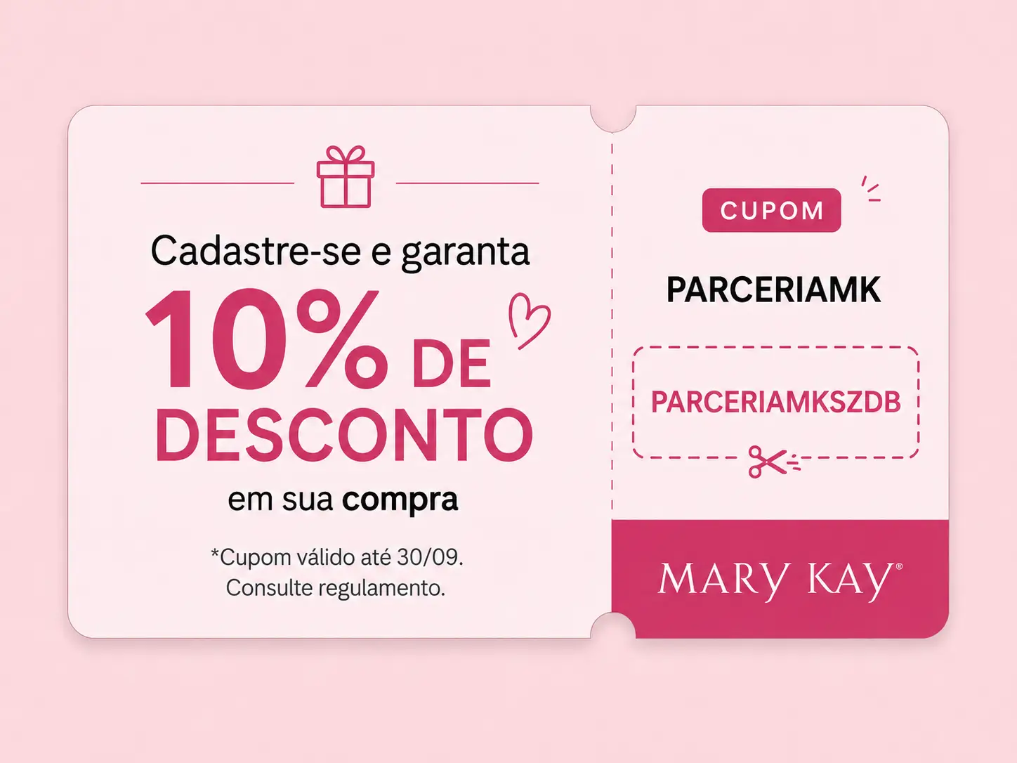 Cupom Mary Kay de 10% de desconto com código PARCERIAMKSZDB, válido até 30/09.