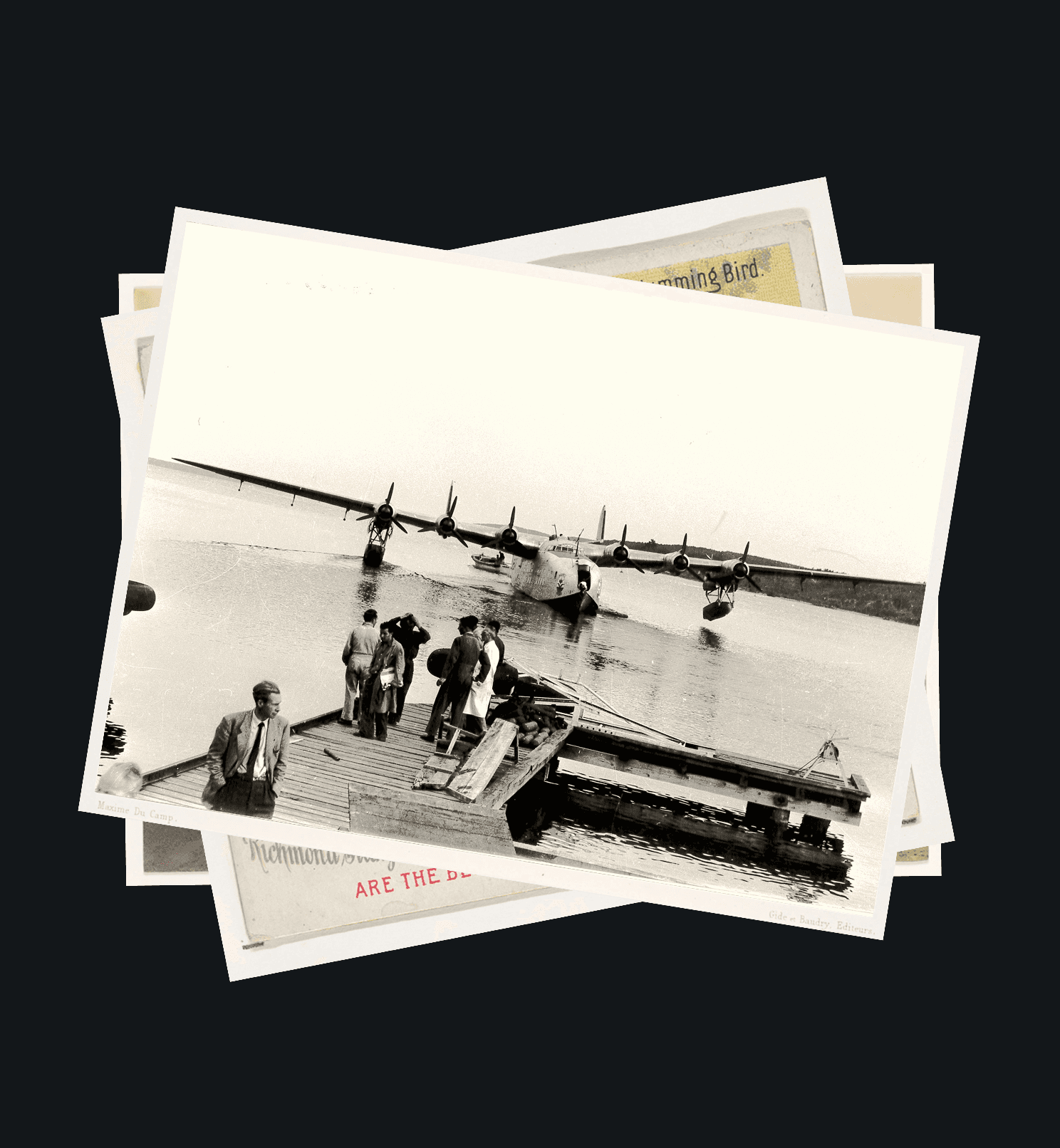 Vintage photography prints stacked on dark background, part of Multiples muséographie visual identity