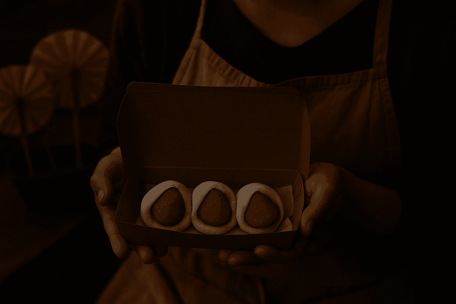 Elderly Japanese couple standing in a strawberry field at sunset, the woman smiling gently at the man while holding a closed notebook