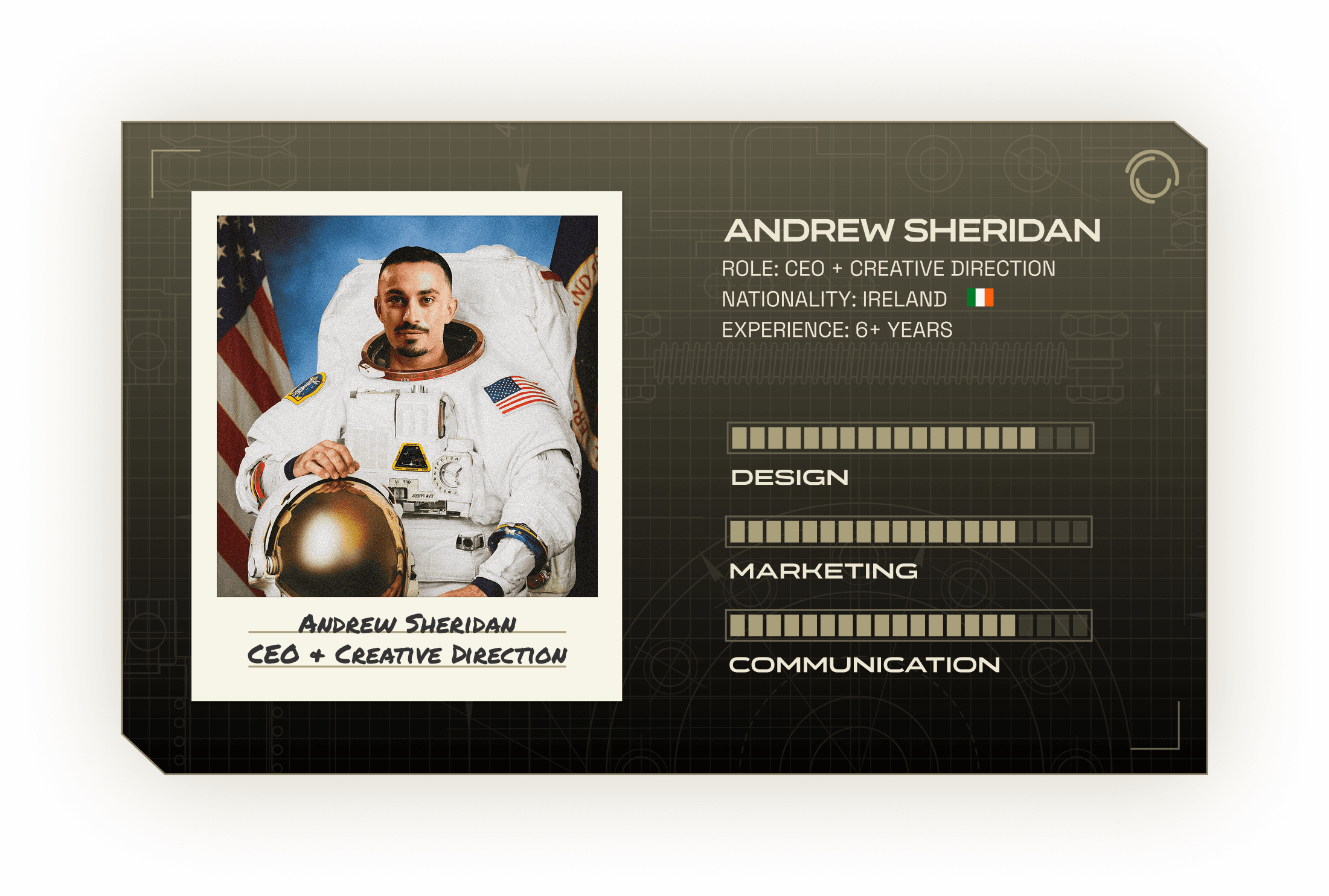 An image of a futuristic ID card featuring a photo of an individual in an astronaut suit, with American flags visible, alongside text detailing their role as CEO and Creative Director, nationality as Irish, and over six years of experience, emphasizing skills in design, marketing, and communication.