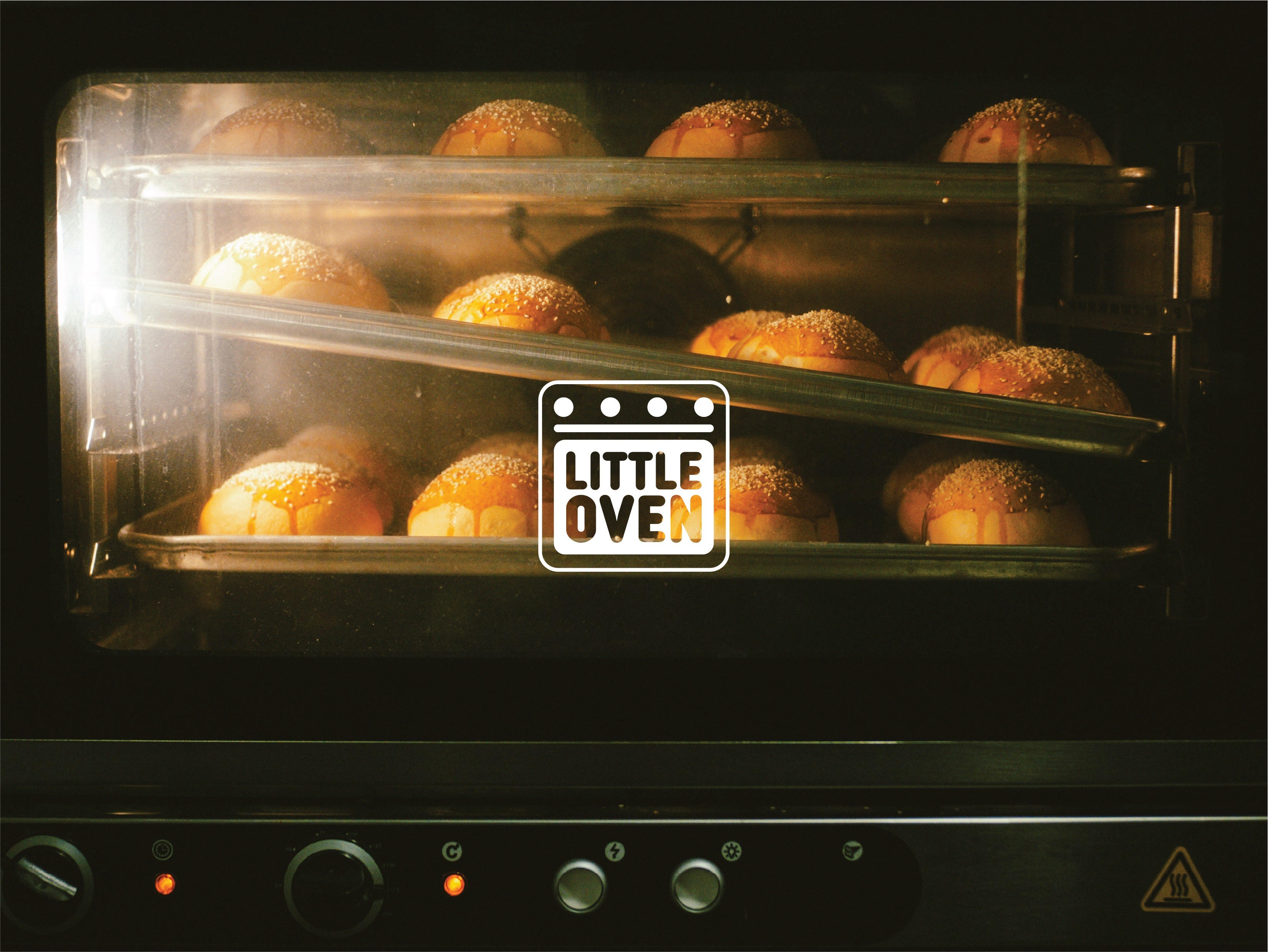 Bakery pastry display with illustrated Little Oven baking icons layered over the shelves.