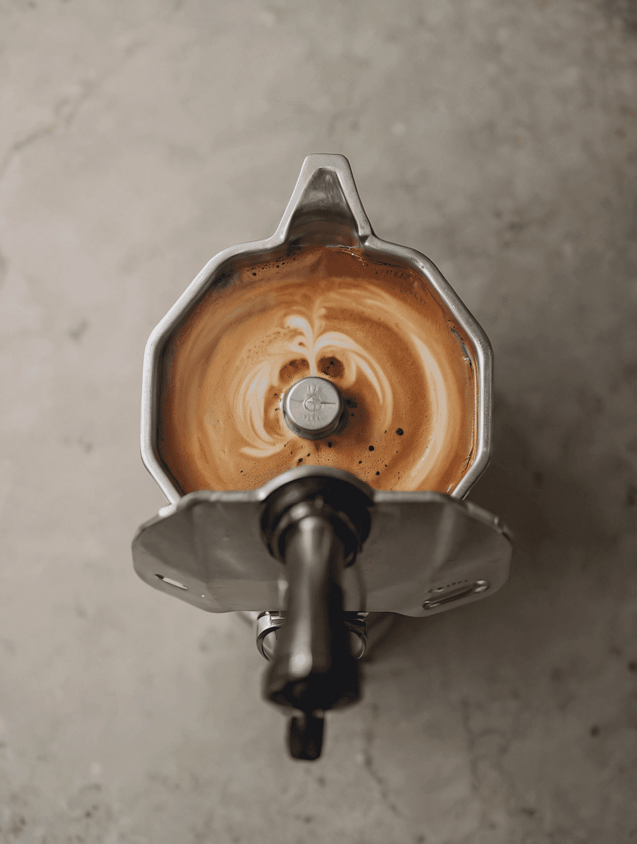 Top view of a moka pot with freshly brewed coffee, showing swirls of crema on the surface. The scene is warm and inviting against a neutral background.