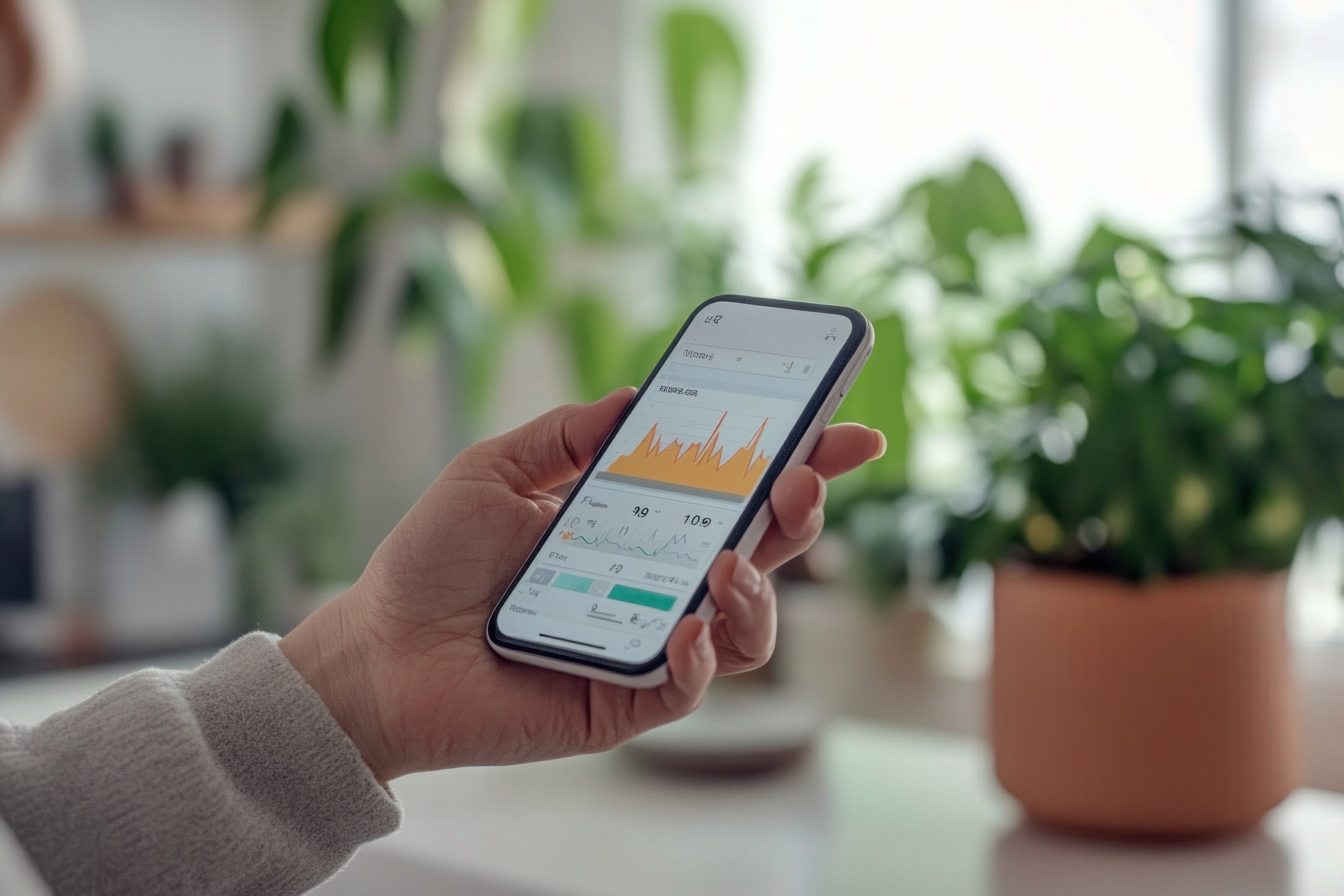 A person checking real-time fitness activity insights on a mobile device in a calm natural environment.