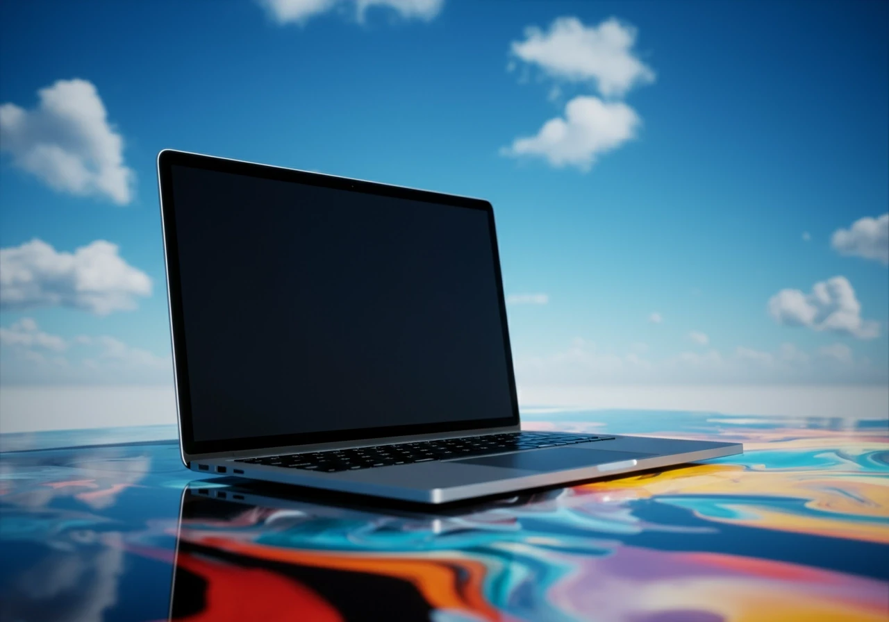 A sleek, modern laptop with a large blank screen is perched atop a reflective surface displaying abstract, colorful shapes. The background features a clear blue sky with soft clouds, creating a serene and open atmosphere. Bright natural lighting accentuates the laptop's metallic finish. The composition is straightforward and minimalist, with a focus on the laptop from a slightly low angle, highlighting both its design and the artistic reflection beneath it. The overall mood is tranquil and contemporary.