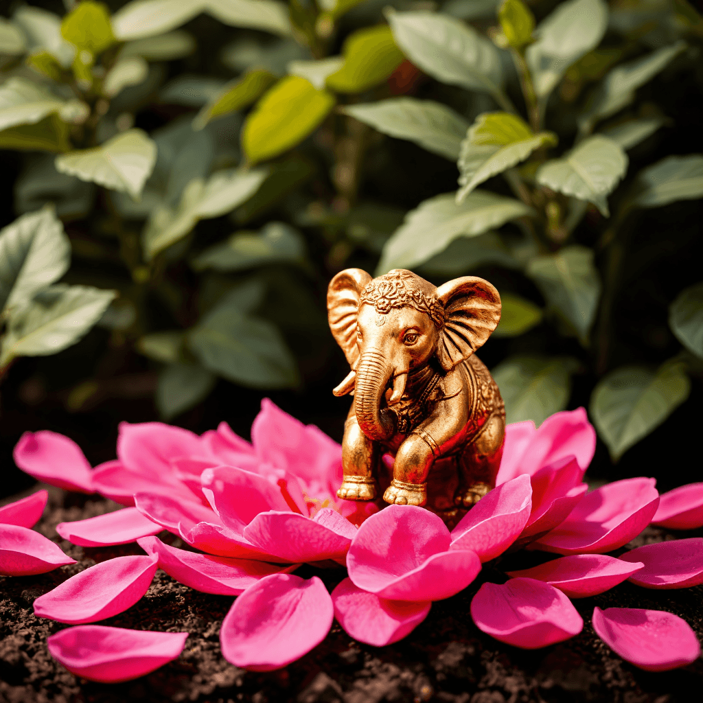 product photography of a decorative statue of an elephant surrounded by flower petals