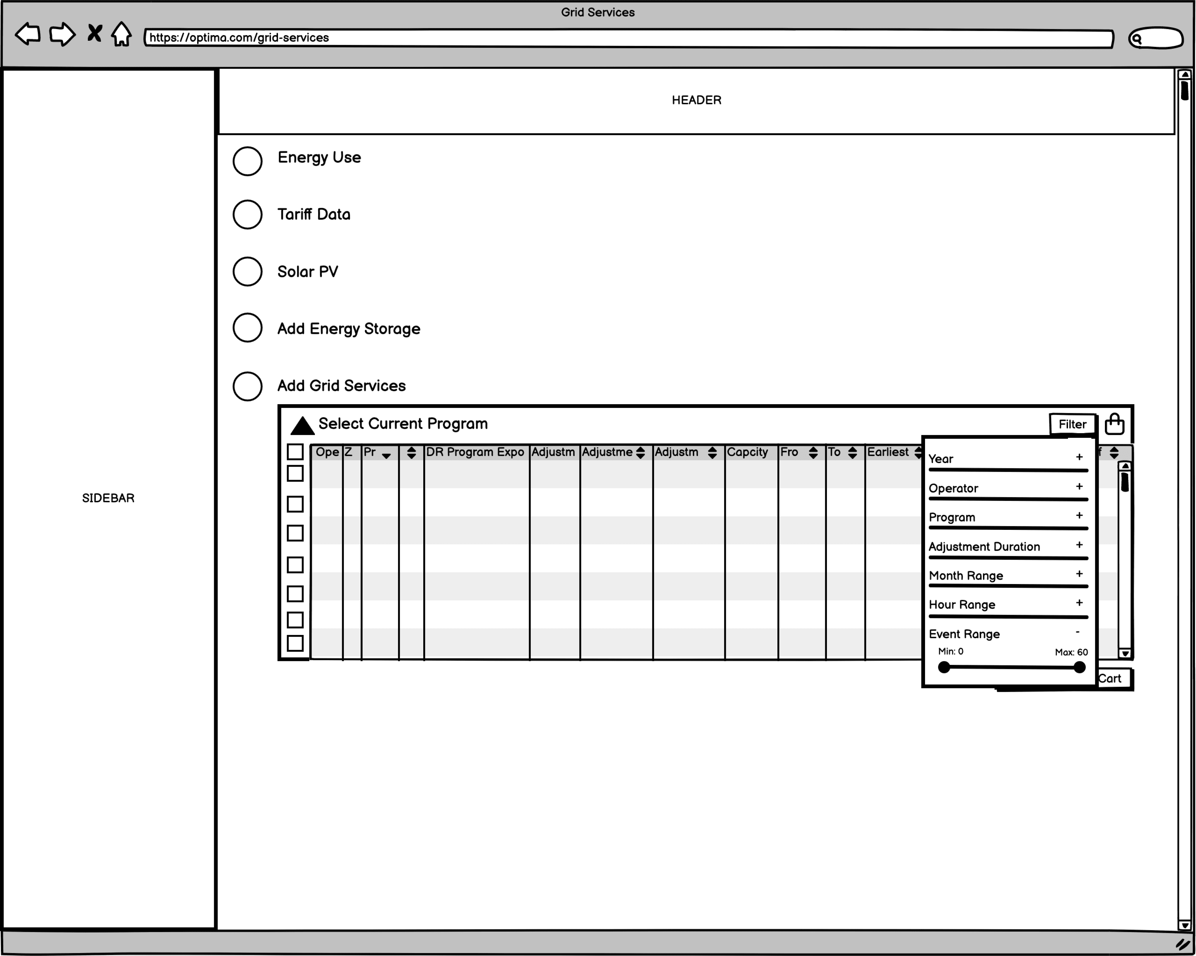 Balsamiq wireframe exploring filtering controls.