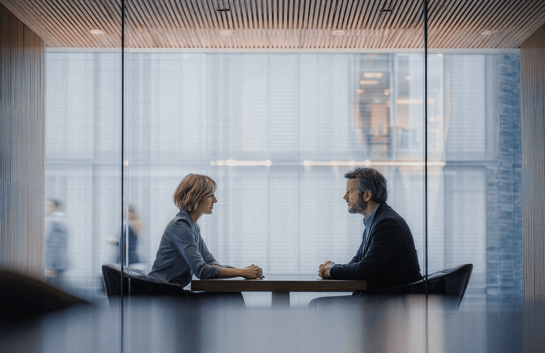 Dois profissionais conversando em uma sala de vidro IA e Precificação O Fim da Hora Faturável no Direito