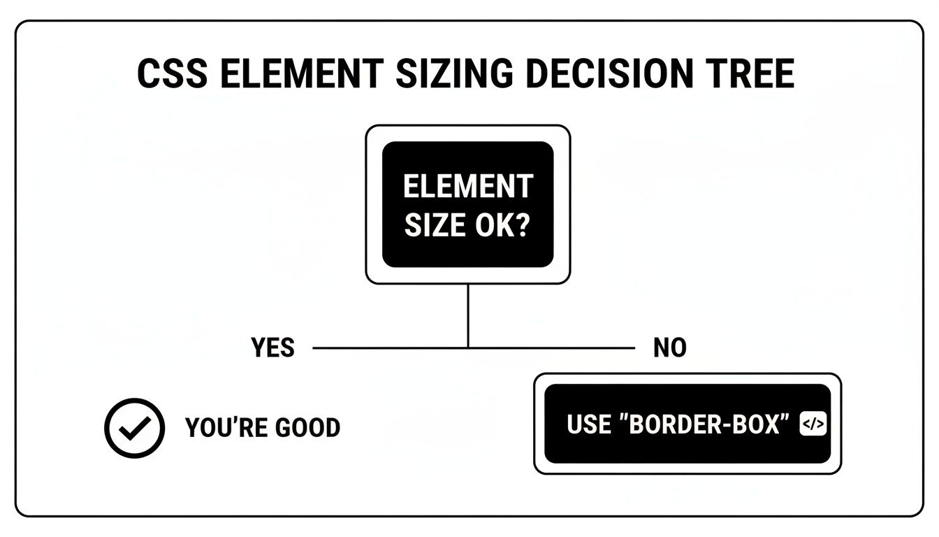 A CSS element sizing decision tree flowchart recommending 'border-box' if element size is not okay.