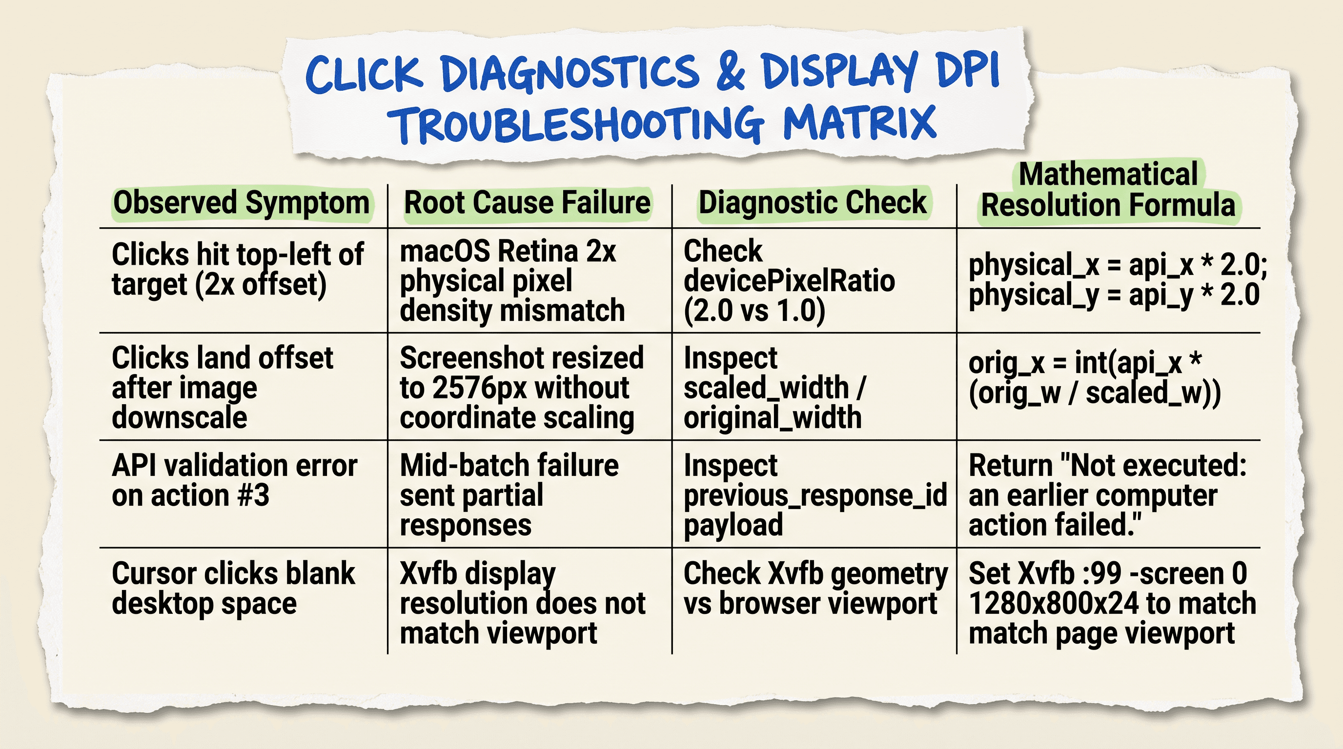 Troubleshooting matrix mapping computer use click offset symptoms and DPI scaling errors to exact code resolutions