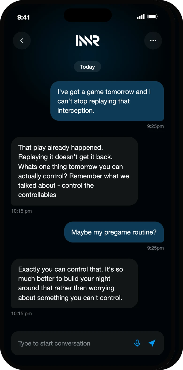 INNR coaching chat: an athlete can’t stop replaying an interception the night before a game, and INNR coaches them back to what they can control