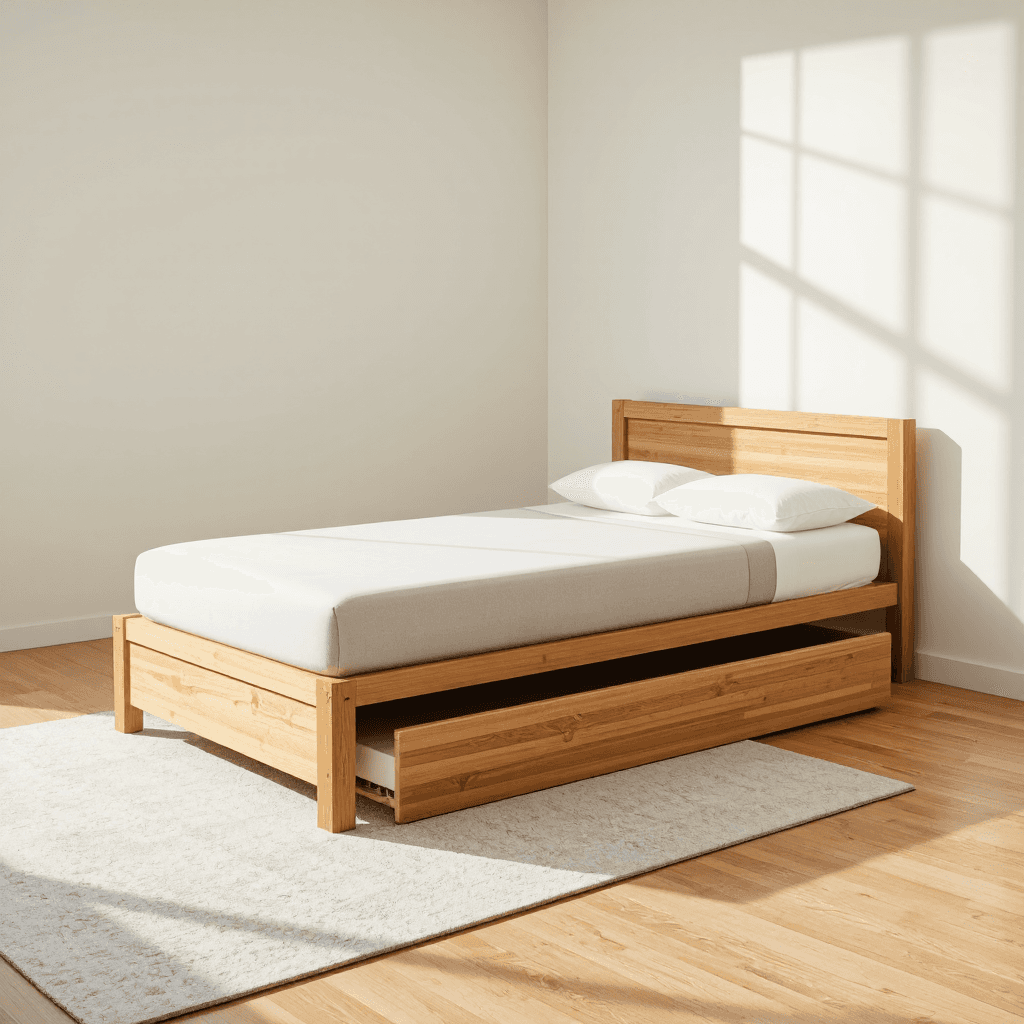 product photography of a single bed with a pull-out trundle