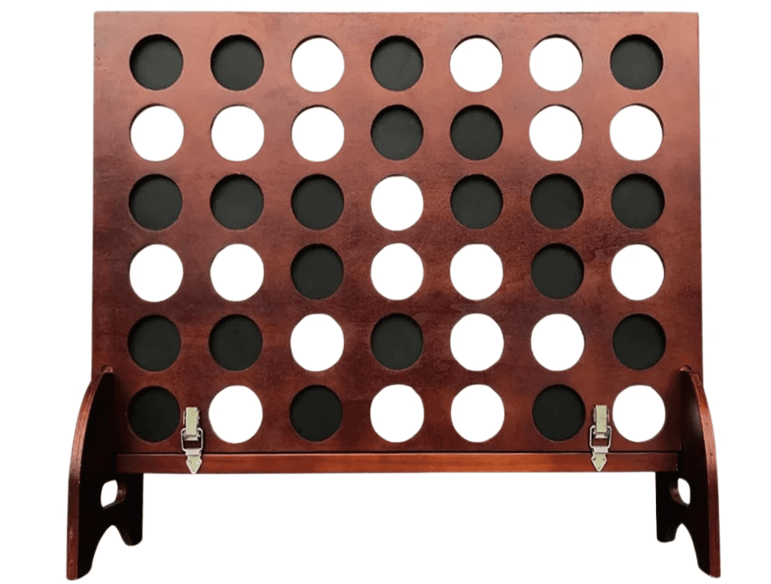 An image of a large Connect 4 game. It is made of a dark colored wood and has black and white tokens.