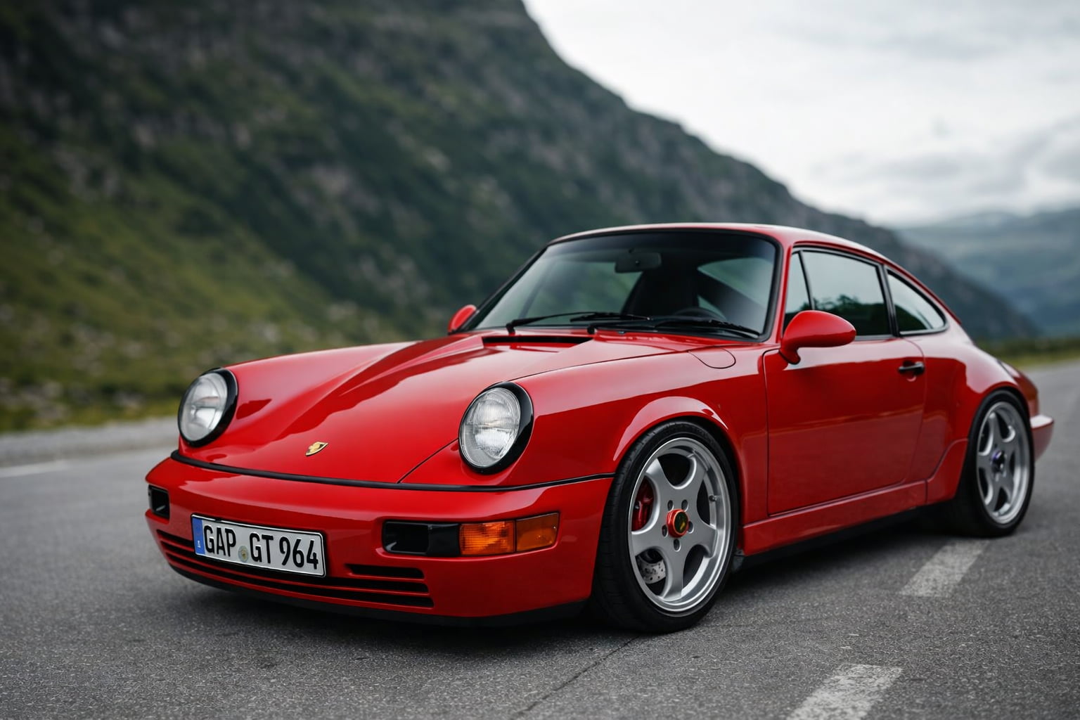 REEN Porsche 964 evolution driving on a mountain road in scenic landscape