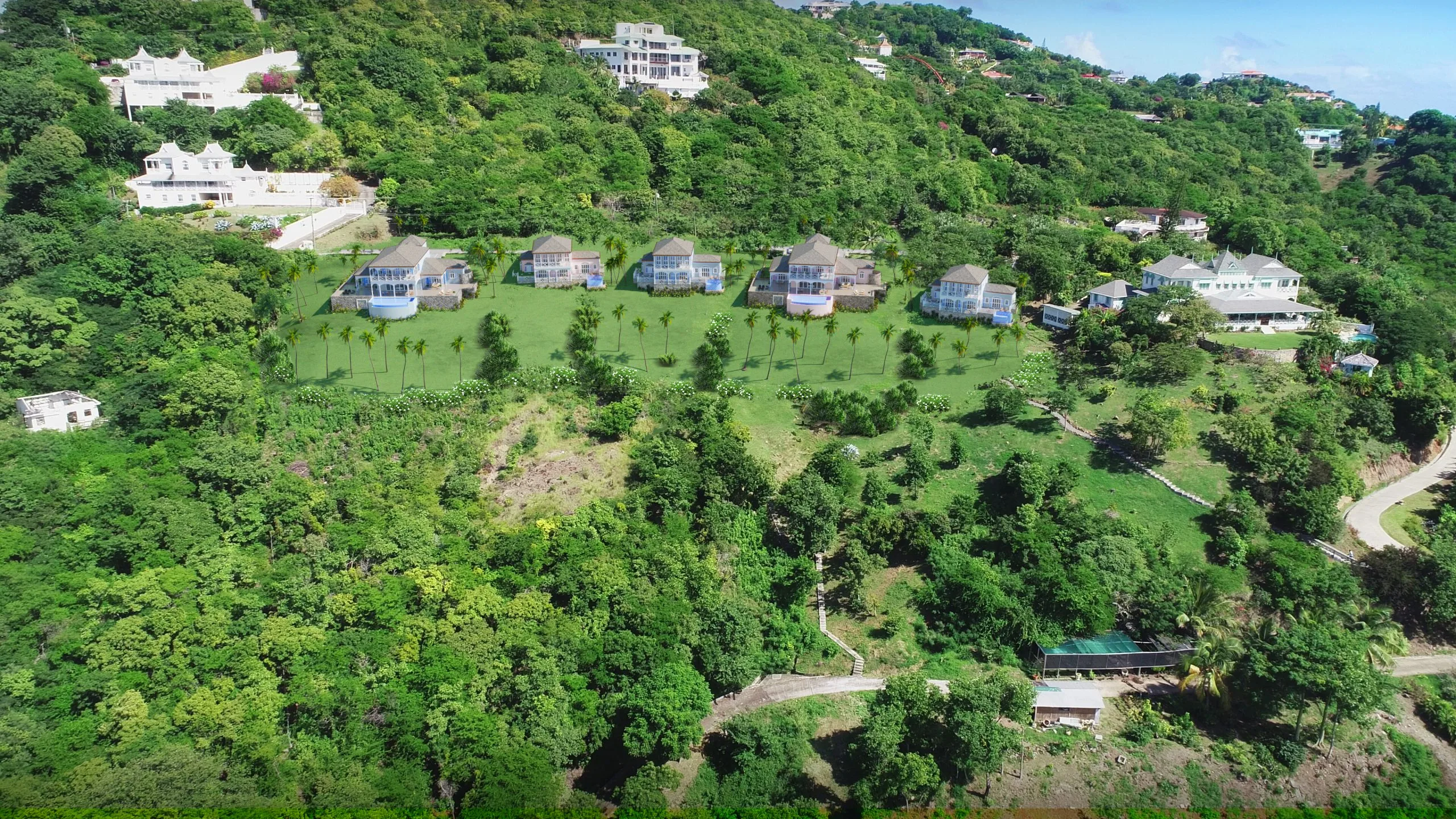 Aerial view of Caribbean colonial hotel villa development on a hillside in St. Lucia by Atelier International LLC