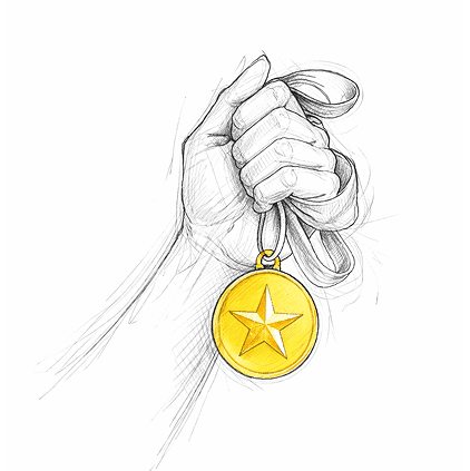 A hand firmly holds a gold medal with a star in the center. The sketch style conveys achievement and triumph, with a ribbon draped over the hand.