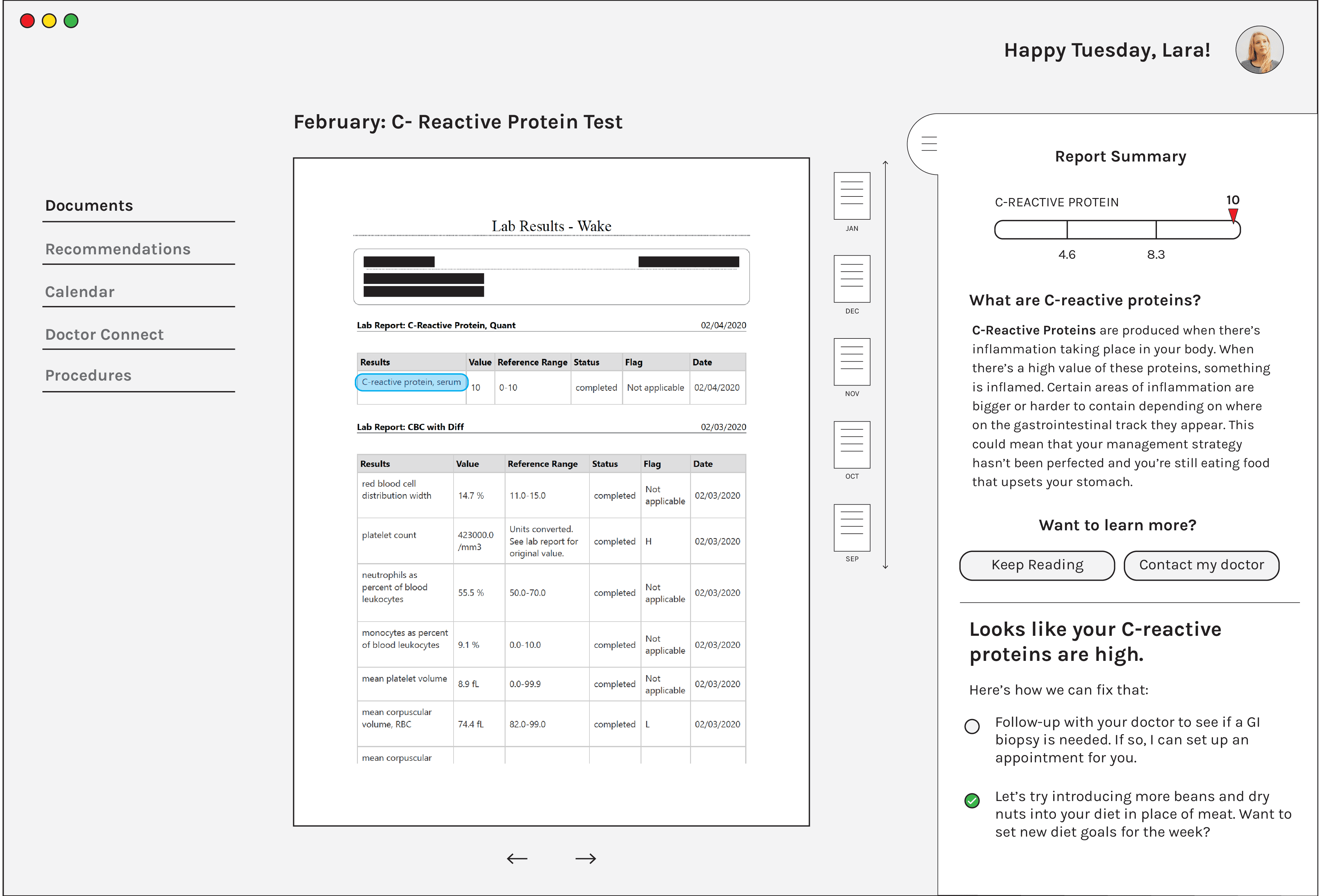A detailed report page displaying Lara’s C-Reactive Protein Test results, including a summary and guidance from her doctor about what the results mean.
