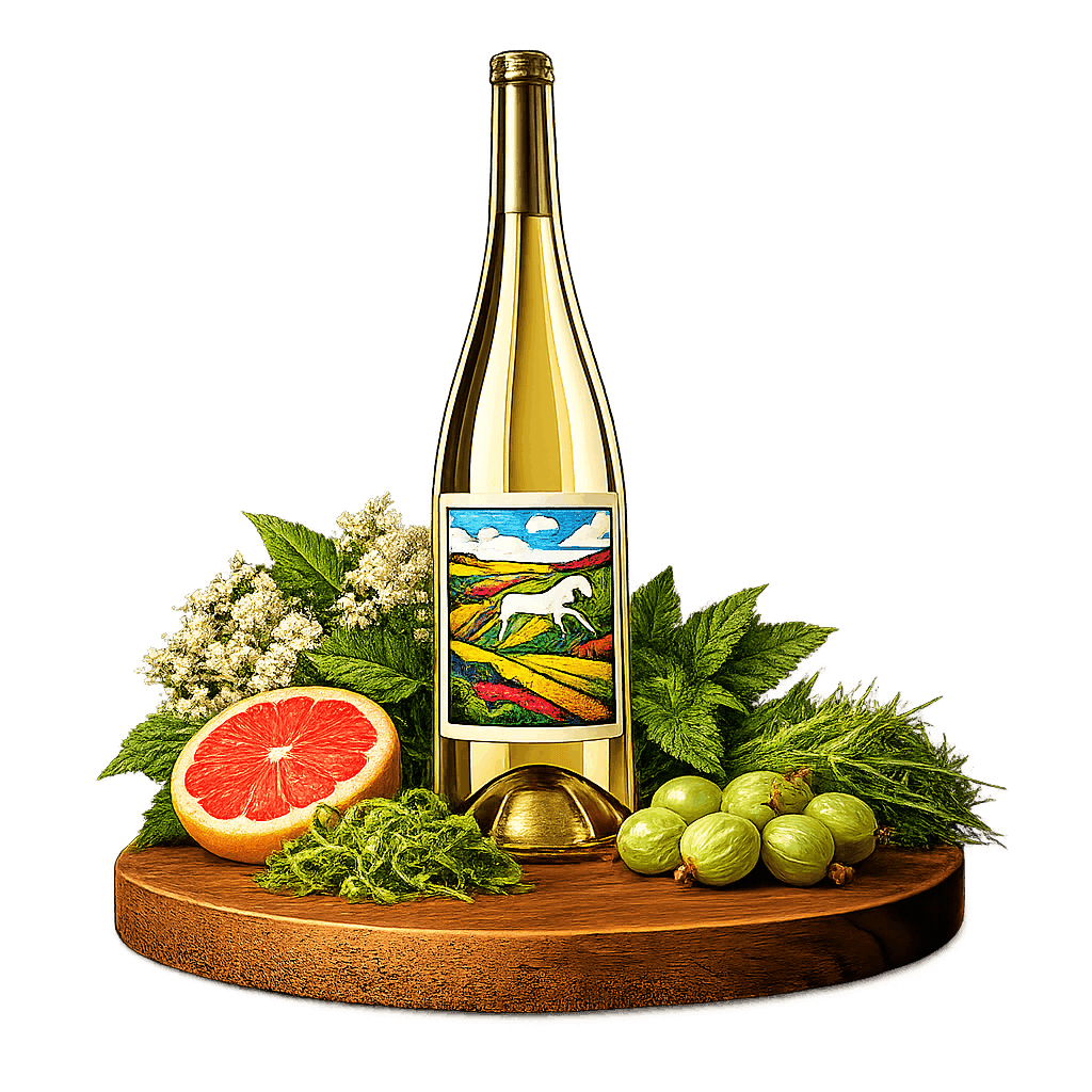 Artistic label and flavor profile for English Bacchus on a rustic wooden table.