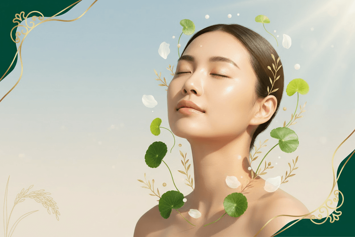 A serene woman with closed eyes enjoys sunlight, surrounded by artistic green leaves and white petals on a soft gradient background.
