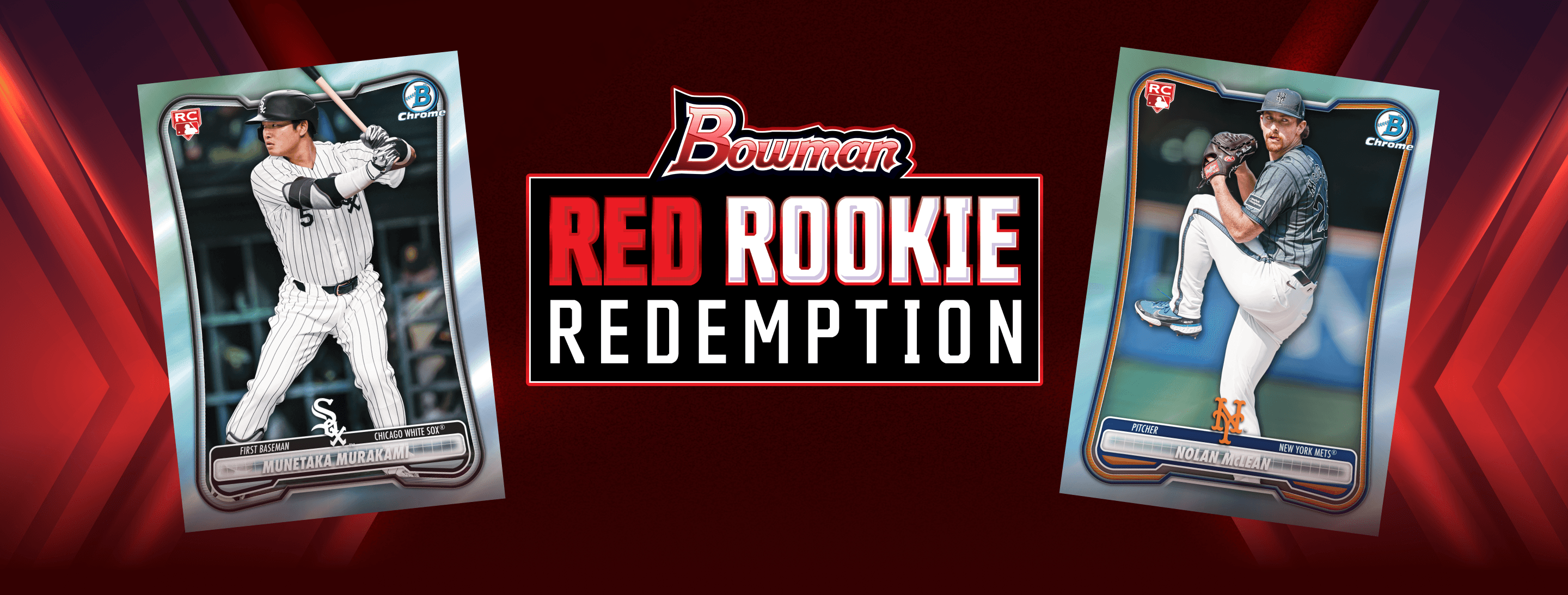 Red Rookie Redemption Program banner featuring Bowman Red RC cards of Nick Kurtz and Drake Baldwin