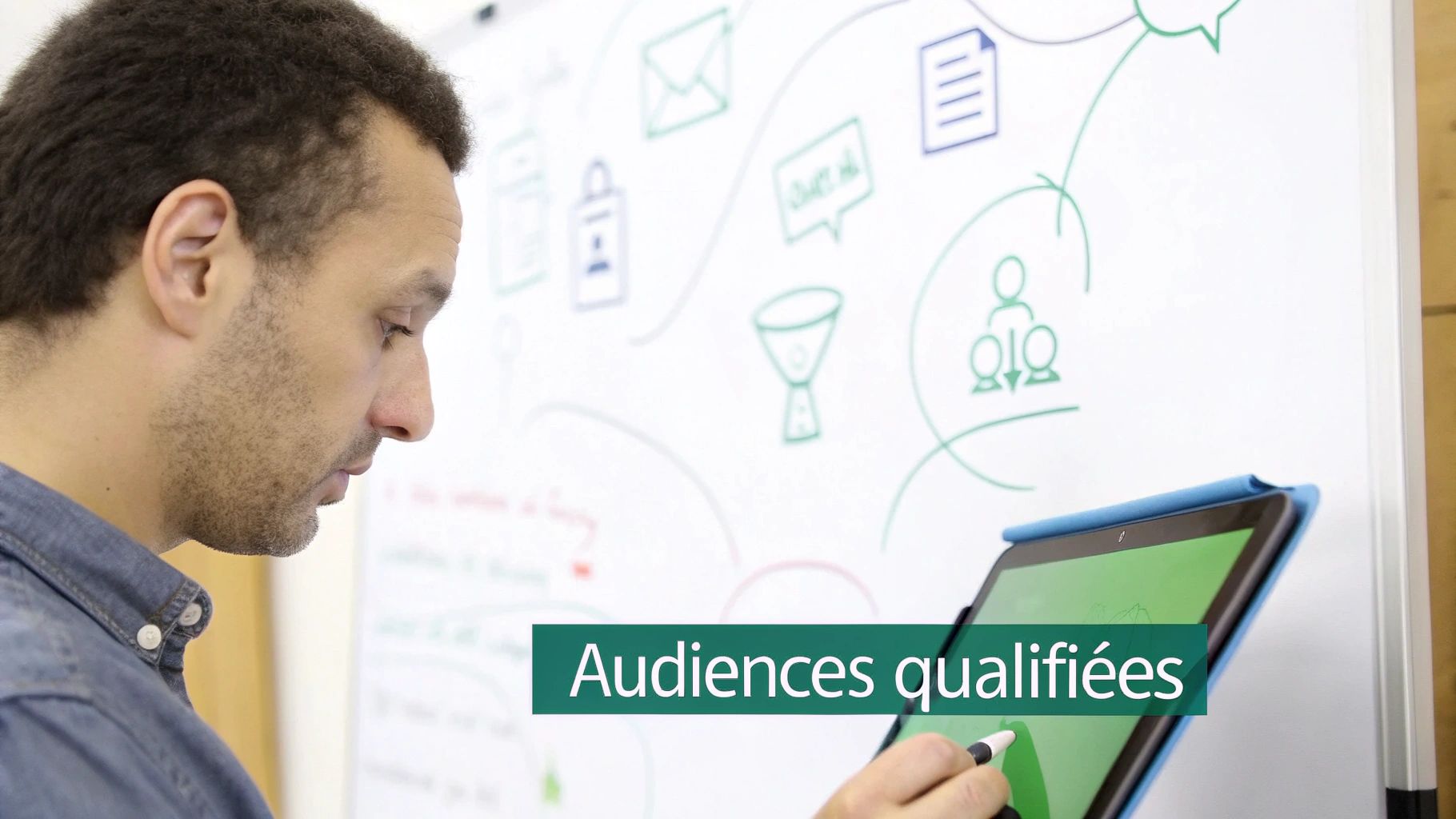 Un homme utilise une tablette devant un tableau blanc rempli d'icônes de processus. Le texte «Audiences qualifiées» est affiché.