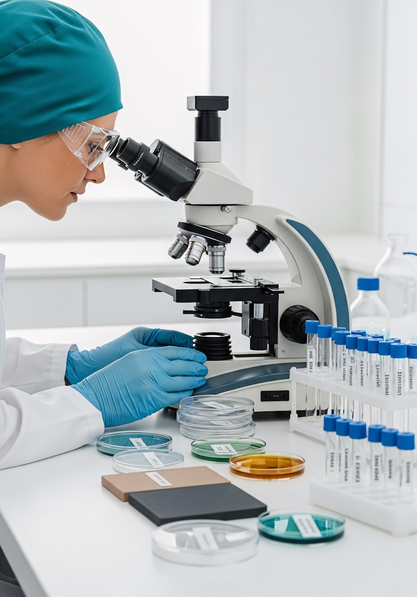 Embryology lab scene with microscope and lab technician hands, clean sterile environment, no needles or blood, premium medical look.