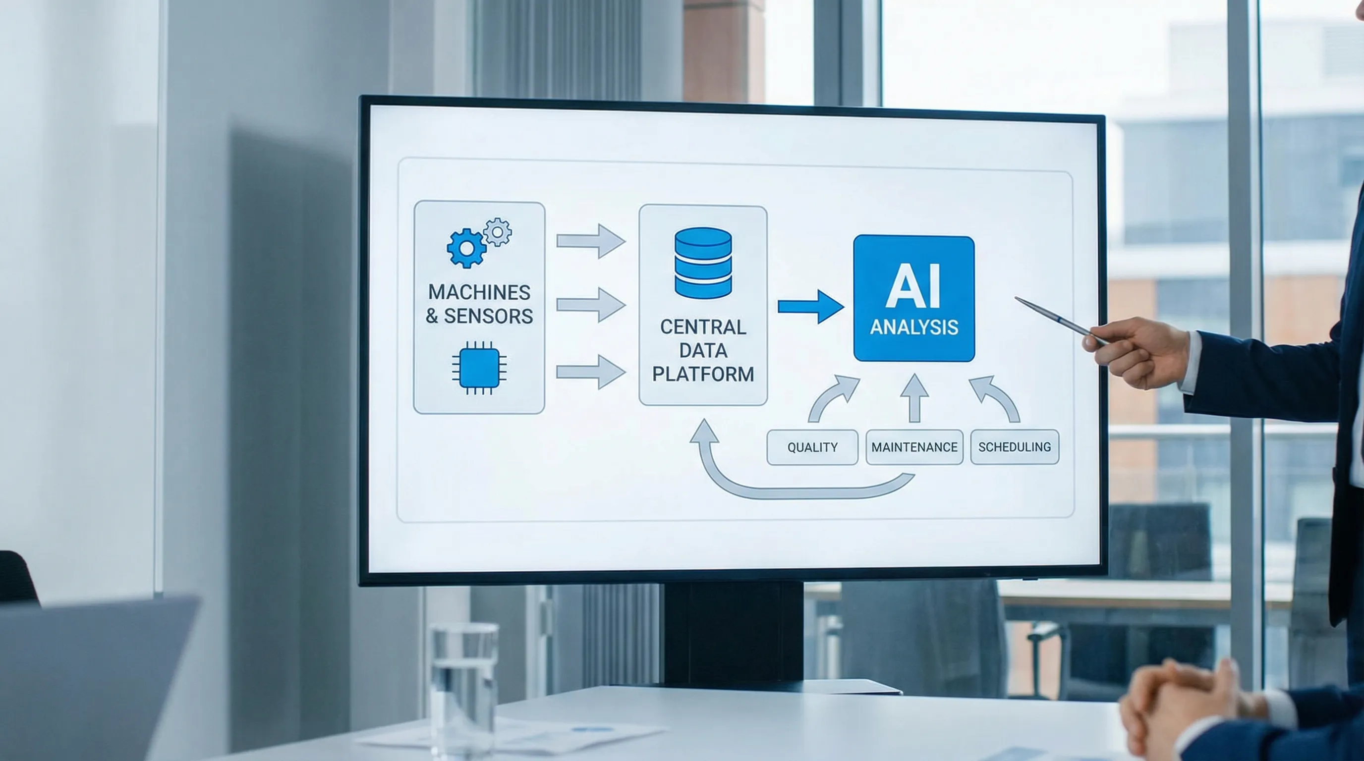 Egyszerű adatfolyam ábra: gépek és szenzorok adatot küldenek egy központi adatplatformra, onnan AI elemzés készül, ami visszajelzést ad a minőségnek, karbantartásnak és ütemezésnek.
