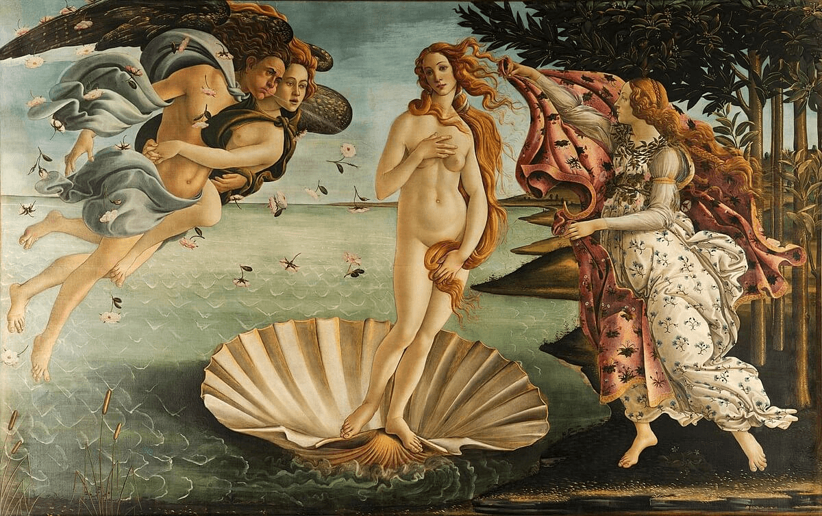 A classical painting depicting Venus emerging from a seashell, surrounded by mythological figures and natural scenery.