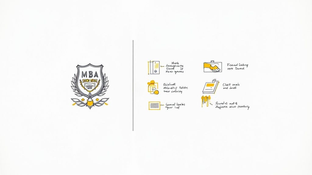 A crest with 'MBA' and laurel leaves next to business-related sketches and handwritten notes.