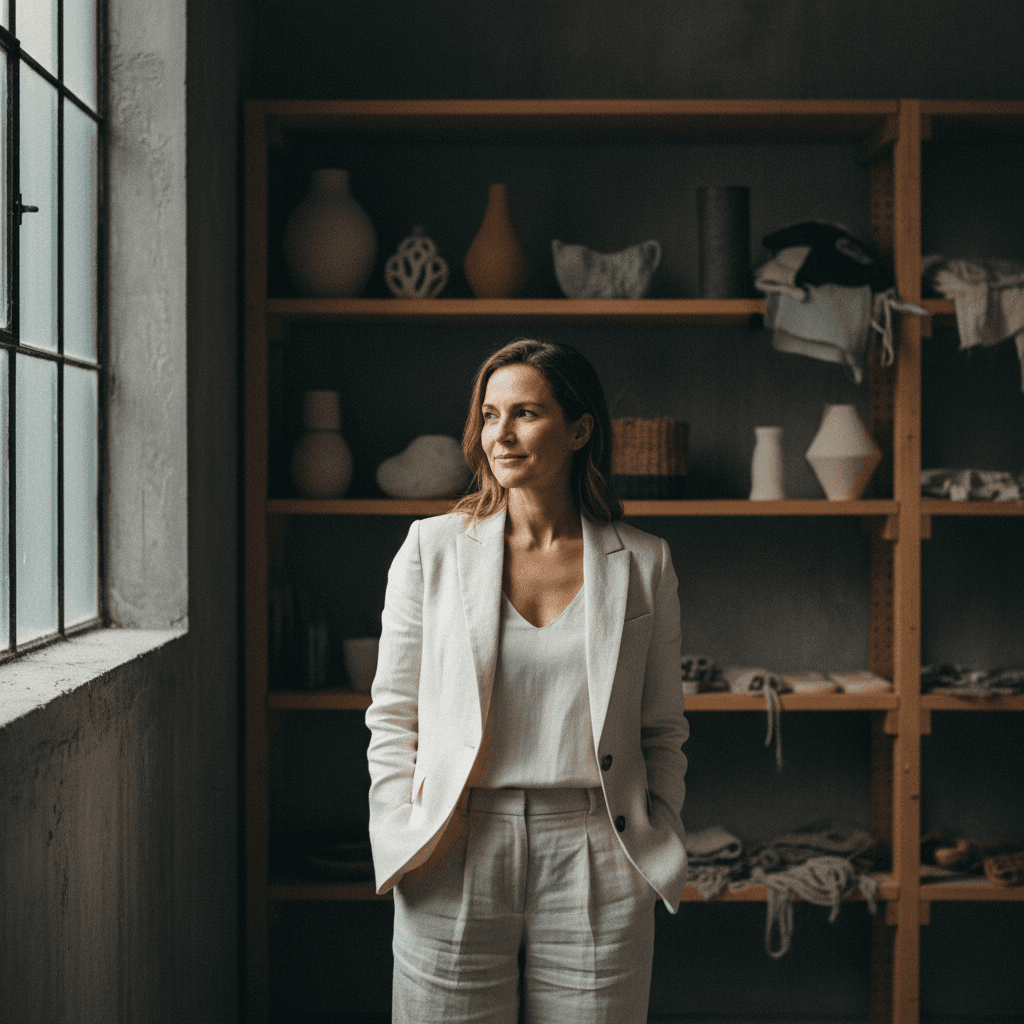 Woman in light suit looking out window, shelves of pottery behind.